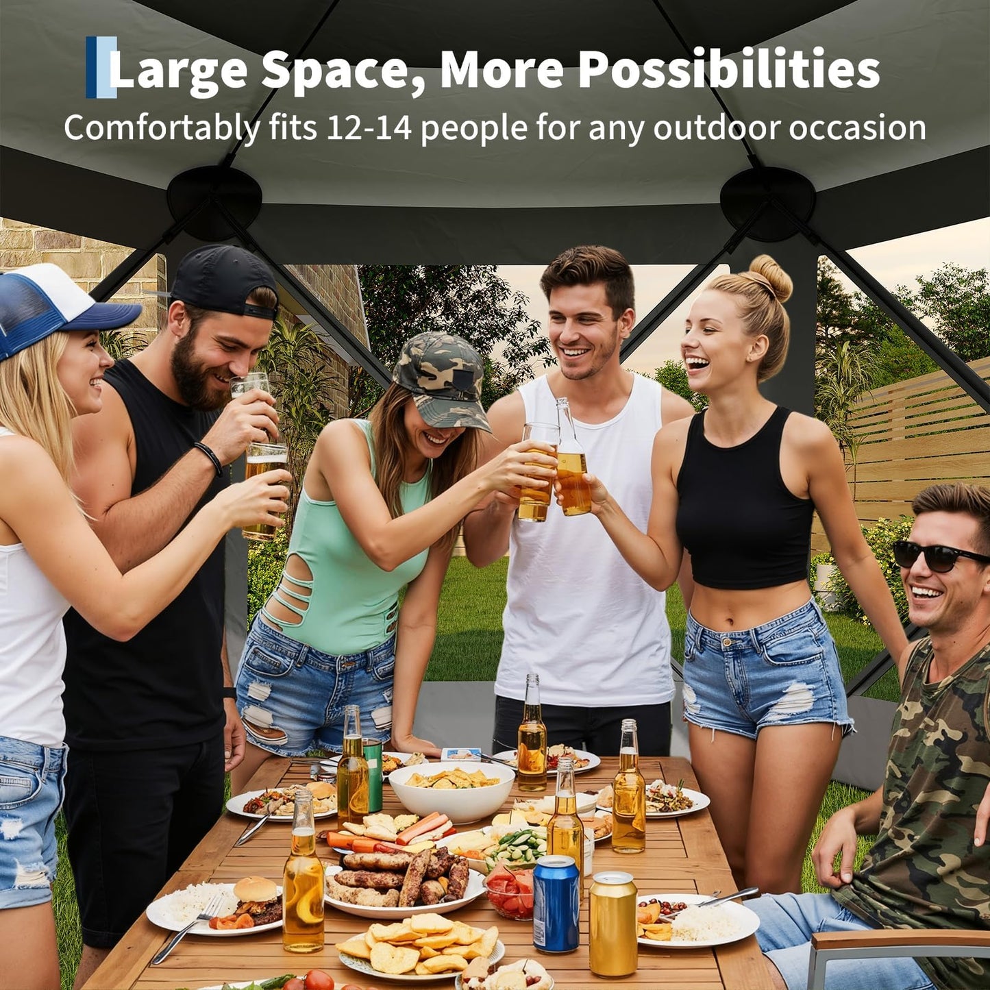 Garvee 13FT Pop-Up Gazebo 6-Sided, Outdoor Canopy Tent with Mosquito Netting & Removable Wind Cloths for Camping, Backyard Parties, Outdoor Events, Grey