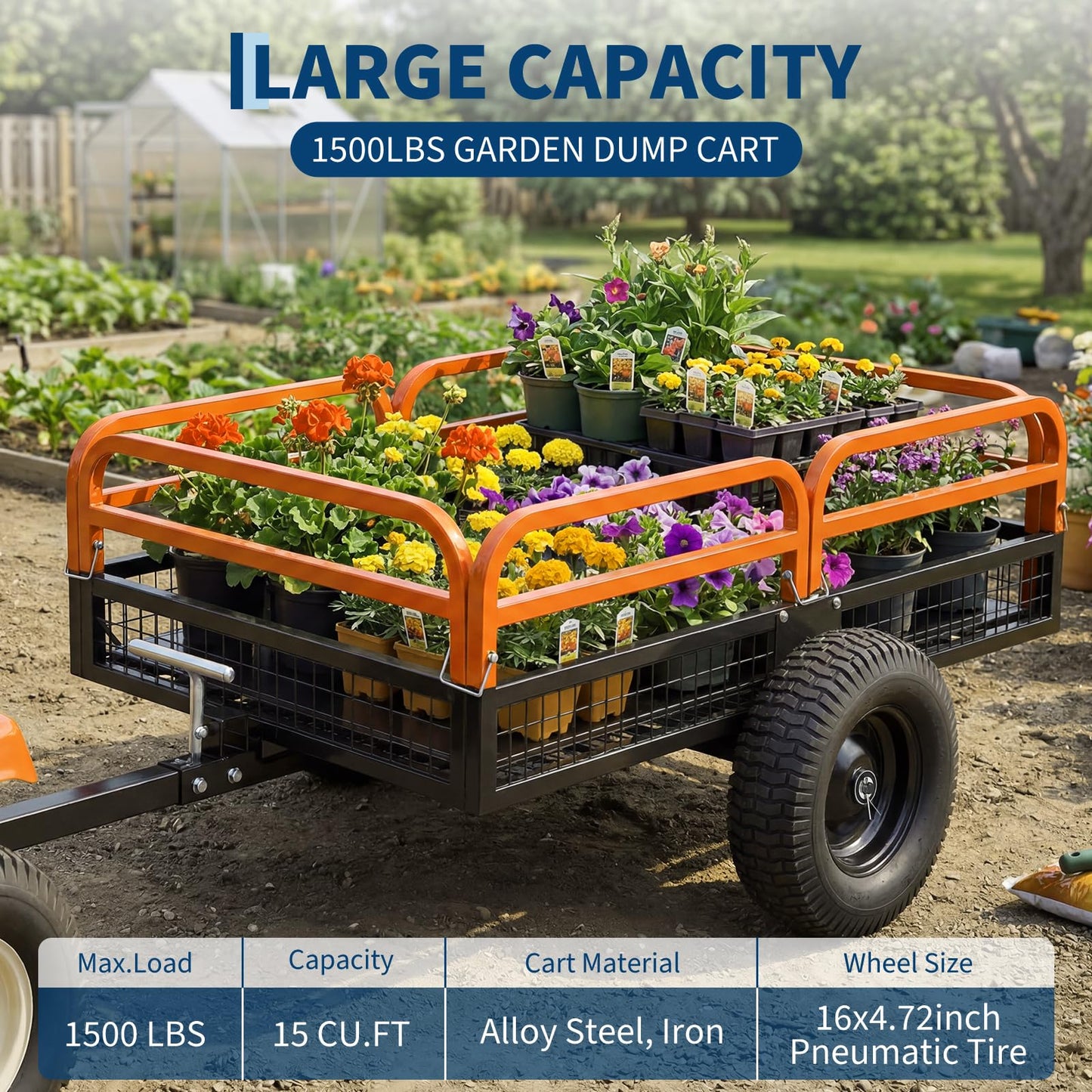 Garvee 1500 Lbs Heavy Duty Steel Dump Cart, 15 Cu ft Garden Utility Trailer with Removable Sides, Hand Pull or Foot Pedal Dumping for ATV UTV Lawn Mower Tractor