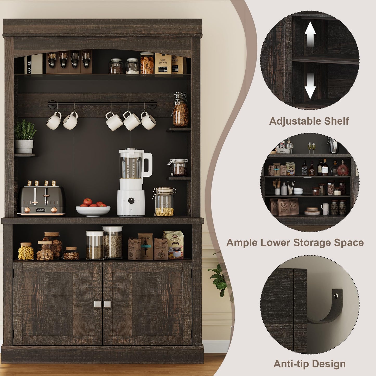 GarveeHome Coffee Bar Cabinet with LED Lights,72 '' Tall Buffet Cabinet with Storage,Farmhouse Kitchen Sideboard Tall Coffee Hutch with Microwave Stand/Wine Rack/Glass Shelf Dining Room(Oak)