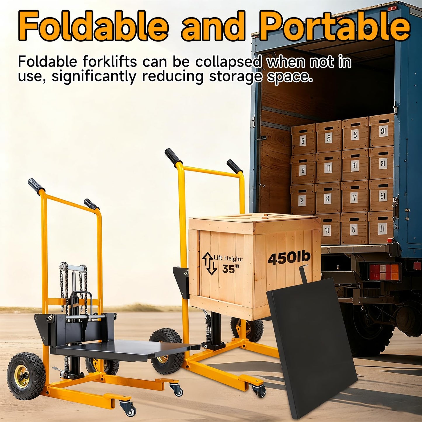 Foldable Hydraulic Material Lift Stacker, 450lbs 35.8" Max Lift, Portable Pallet Truck Dolly w/Swivel Casters, Adjustable Forks, Fork Lift Table Cart, Pallet Jacks & Trucks for Warehouse, Shop