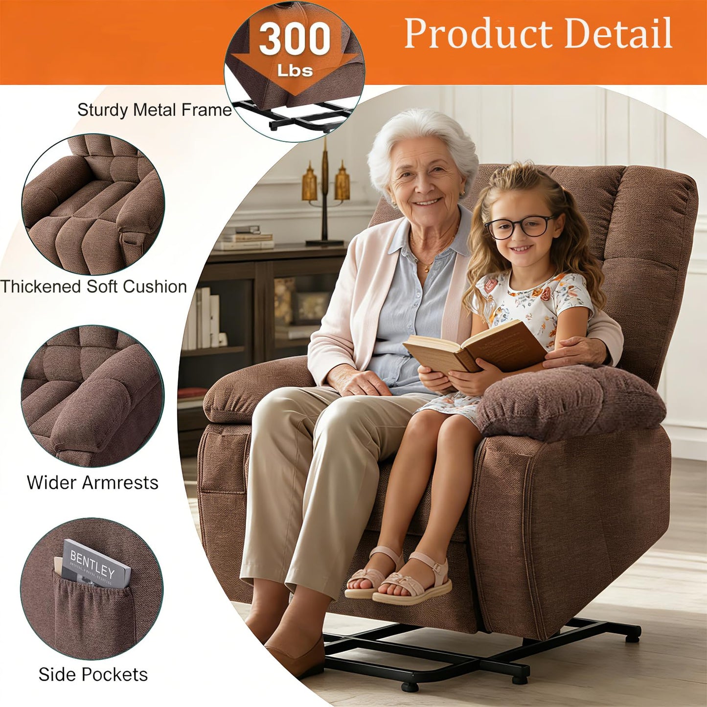 Power Lift Recliner Chair for Adult with Heated and Full Body Massage, Glider Nursery Chair with Cup Holder and USB Charge Port, Oversided Swivel Rocker Recliner for Living/Study/Bedroom Room, Pro