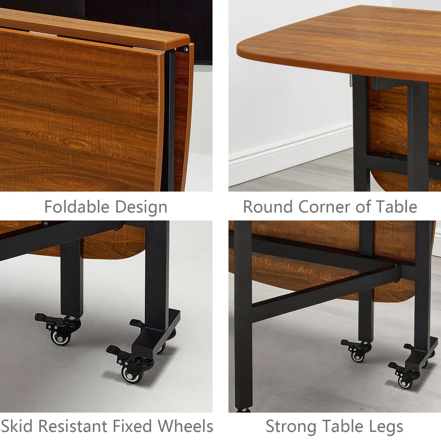Rukulin Multifunction Table Drop Leaf Dining Table - 47" Wooden Foldable Kitchen Table with 6 Wheels (Brown)