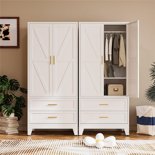 COFaR 71" Metal Wardrobe Closet with 2 Drawers & Hanging Rod, Freestanding Armoire Storage Cabinet with Adjustable Shelf and 2 Doors, White Steel Closet Organizer for Bedroom