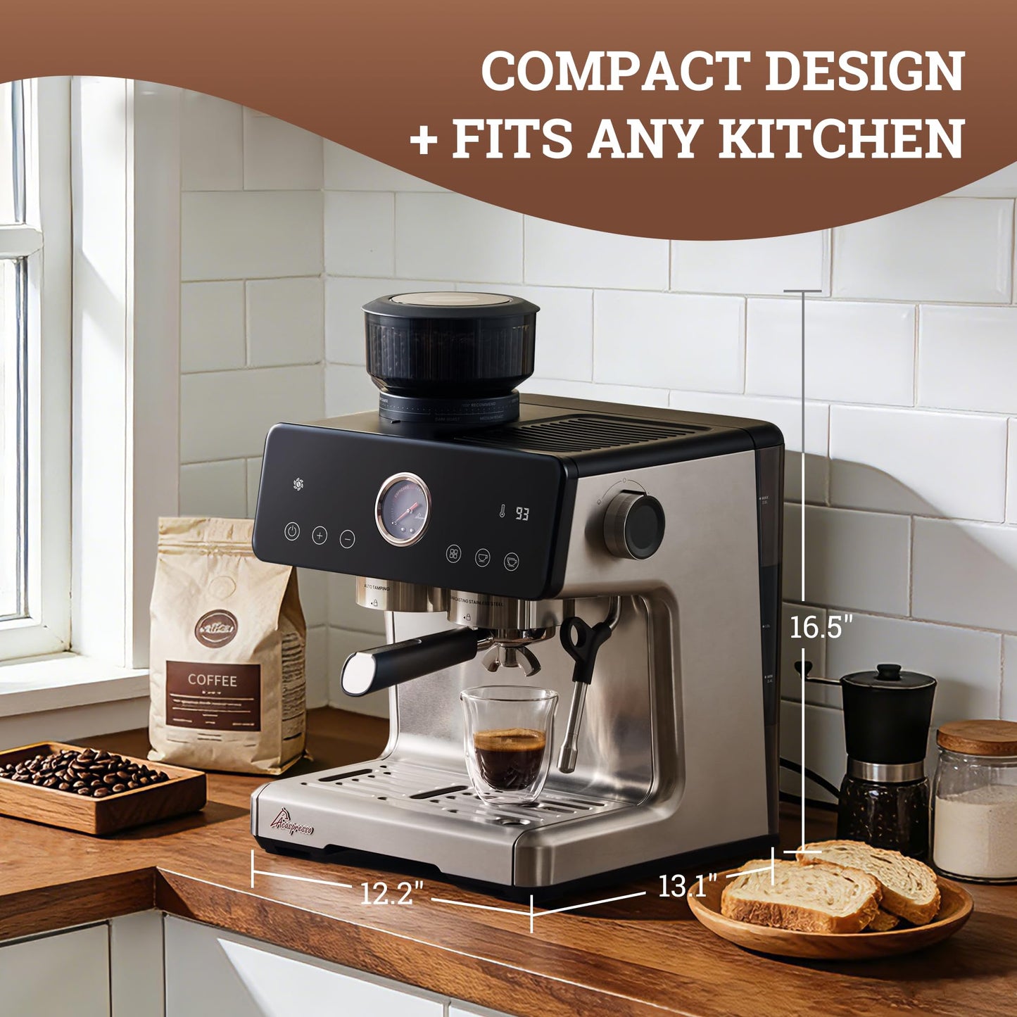 Acaspresso Espresso Machine with Grinder, Auto Distribute & Tamp 15 Bar Semi-Automatic with PID Temperature, Cold Brew Espresso Maker with Milk Frother, 58mm Portafilter for Beginners, Stainless Steel