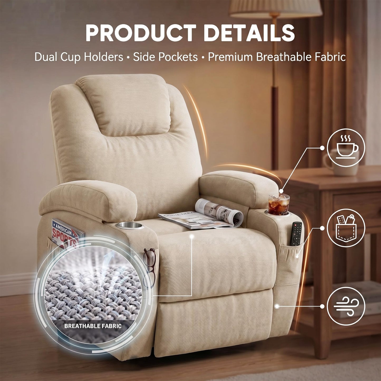 Flamaker Power Lift Chair Massage Recliner Chairs for Elderly - Ergonomic Design with Cup Holders & Side Pockets, Remote Control (Beige)