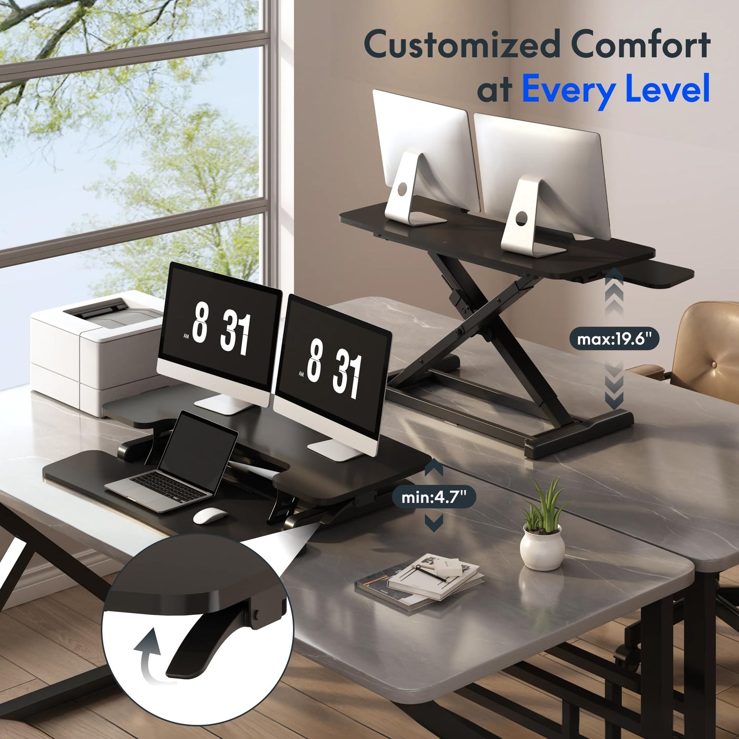 FLEXISPOT Standing Desk Converter 42" Extra Large Desk Riser, Spacious Desktop Riser Sit Stand Computer Workstation with Wide Keyboard Tray, Ergonomic Height Adjustable Stand Up Desk Converter, Black