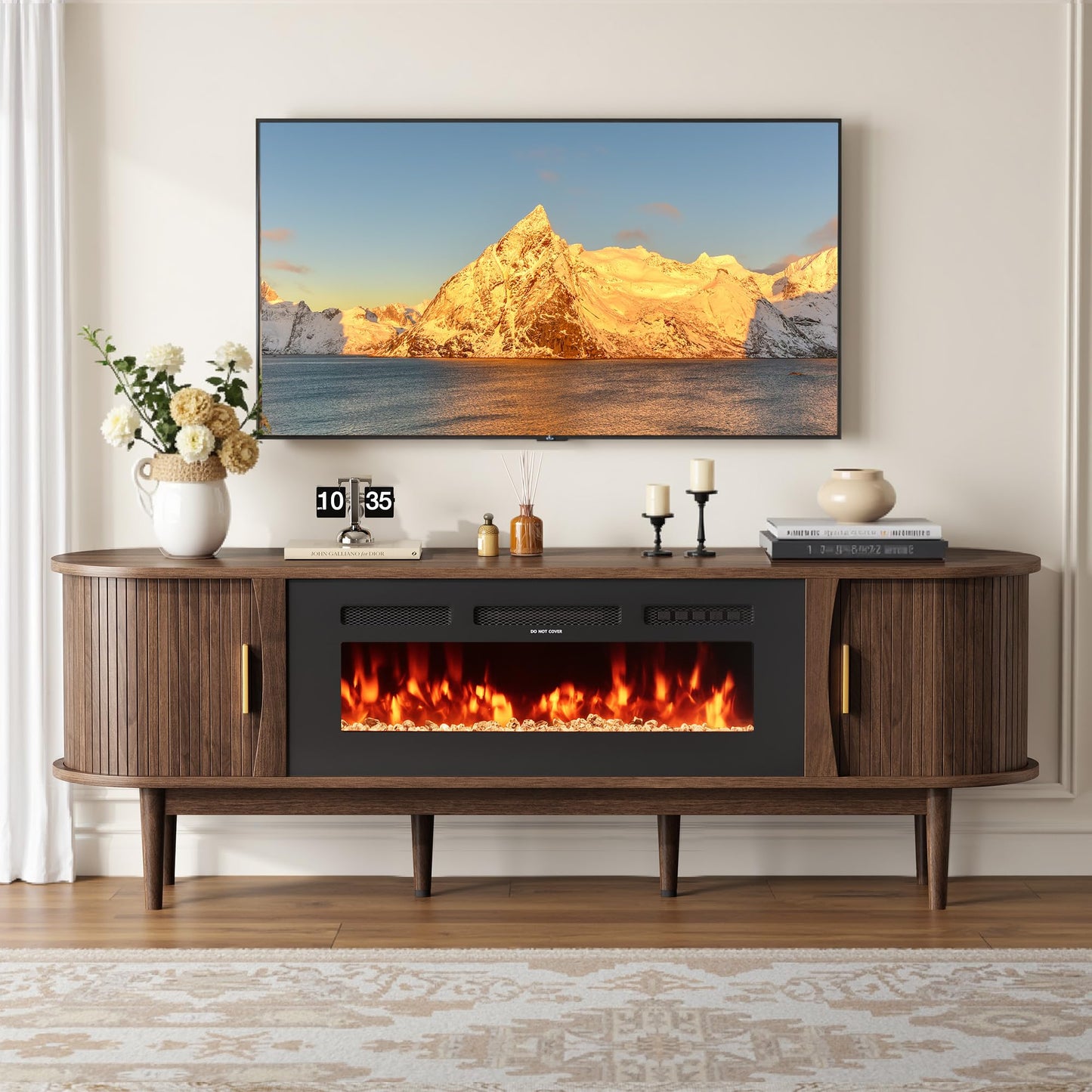 Decofy 70″ Fluted Fireplace TV Stand for 80″ TVs, Remote & Touch Control Adjustable Flame Colors & Temperature, Entertainment Center with Storage, Modern Media TV Console Table for Living Room(Walnut)