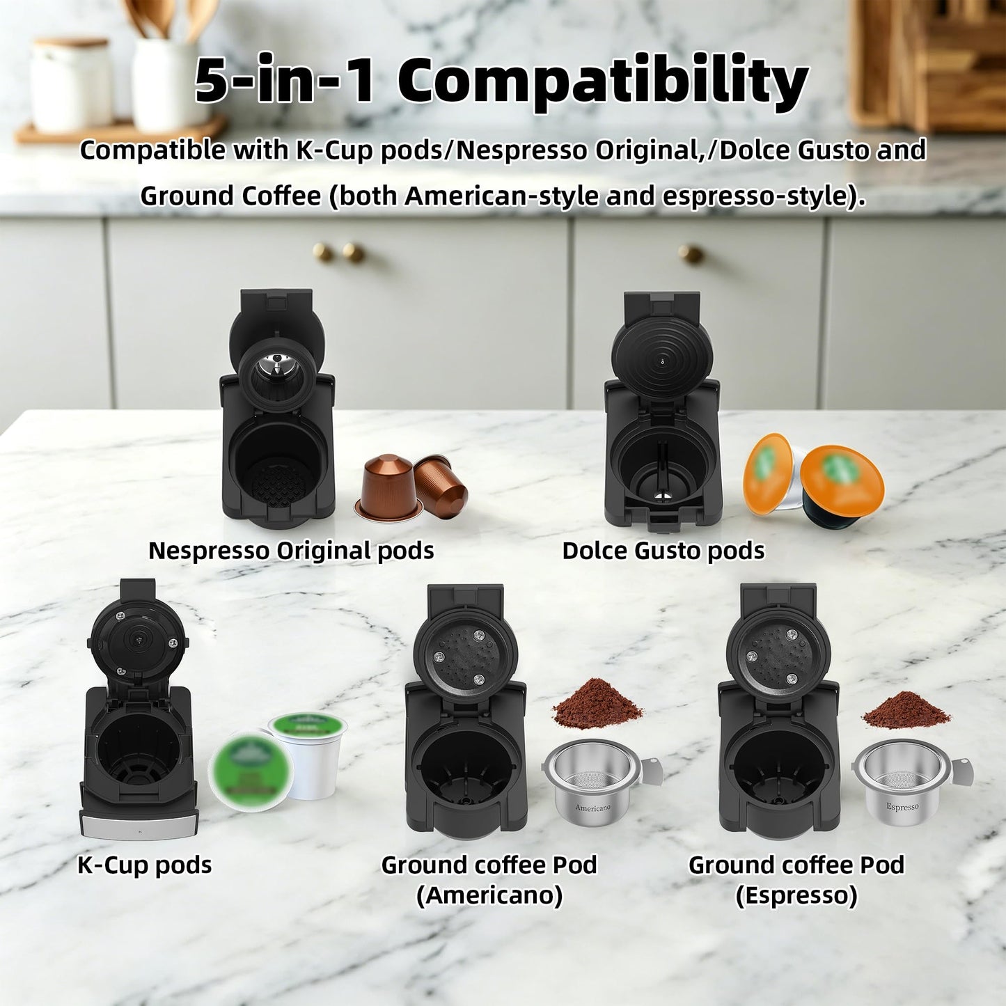 KOTLIE Single Serve Coffee Maker for K*cup/Nes Original/D*G Capsules and Ground Coffee, 50 Oz Removable Reservoir, up to 12oz Cup Sizes,Ideal for Kitchens, apartments, dorm rooms and Offices (CM-827)