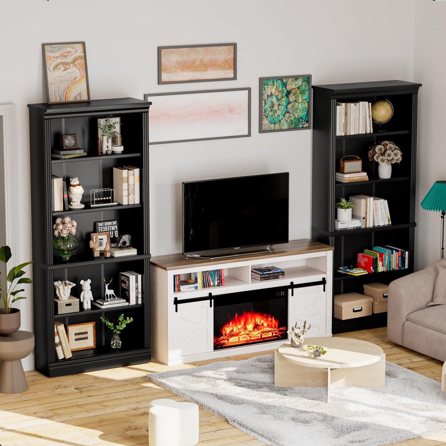 YESHOMY 72" Bookcase and Bookshelf, 5-Tier Wood Bookcases with Shelves, Tall Floor Standing Book Shelf Storage Cabinet Home Decor Furniture for Living Room, Home Office, Black, 2 PCS