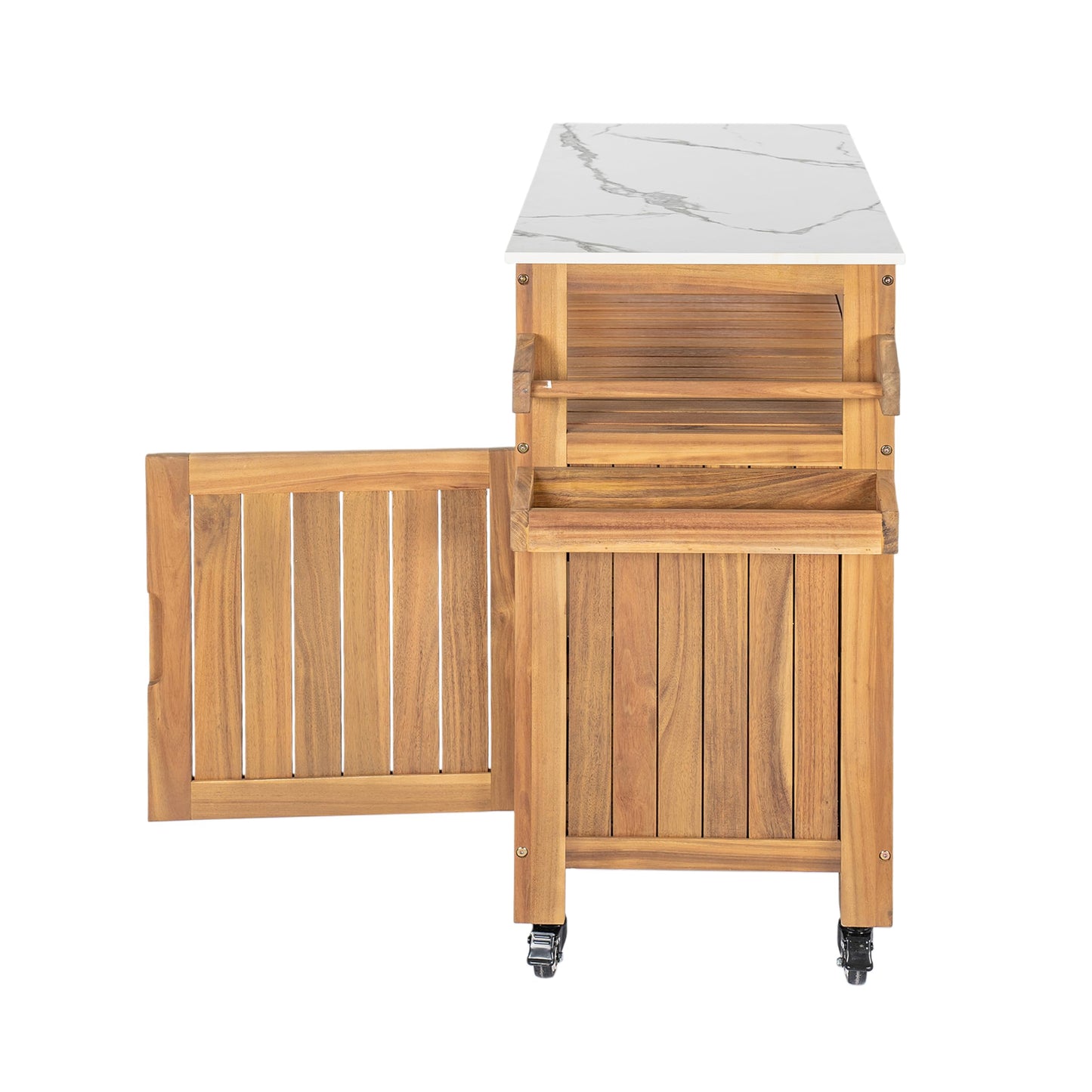 Christopher Knight Home Shina Outdoor Bar Cart with Marble-Effect Top and Lockable Wheels, Acacia Wood Outdoor Storage Cabinet with Three-Tier Slatted Shelves, Kitchen Island Serving Cart, Natural