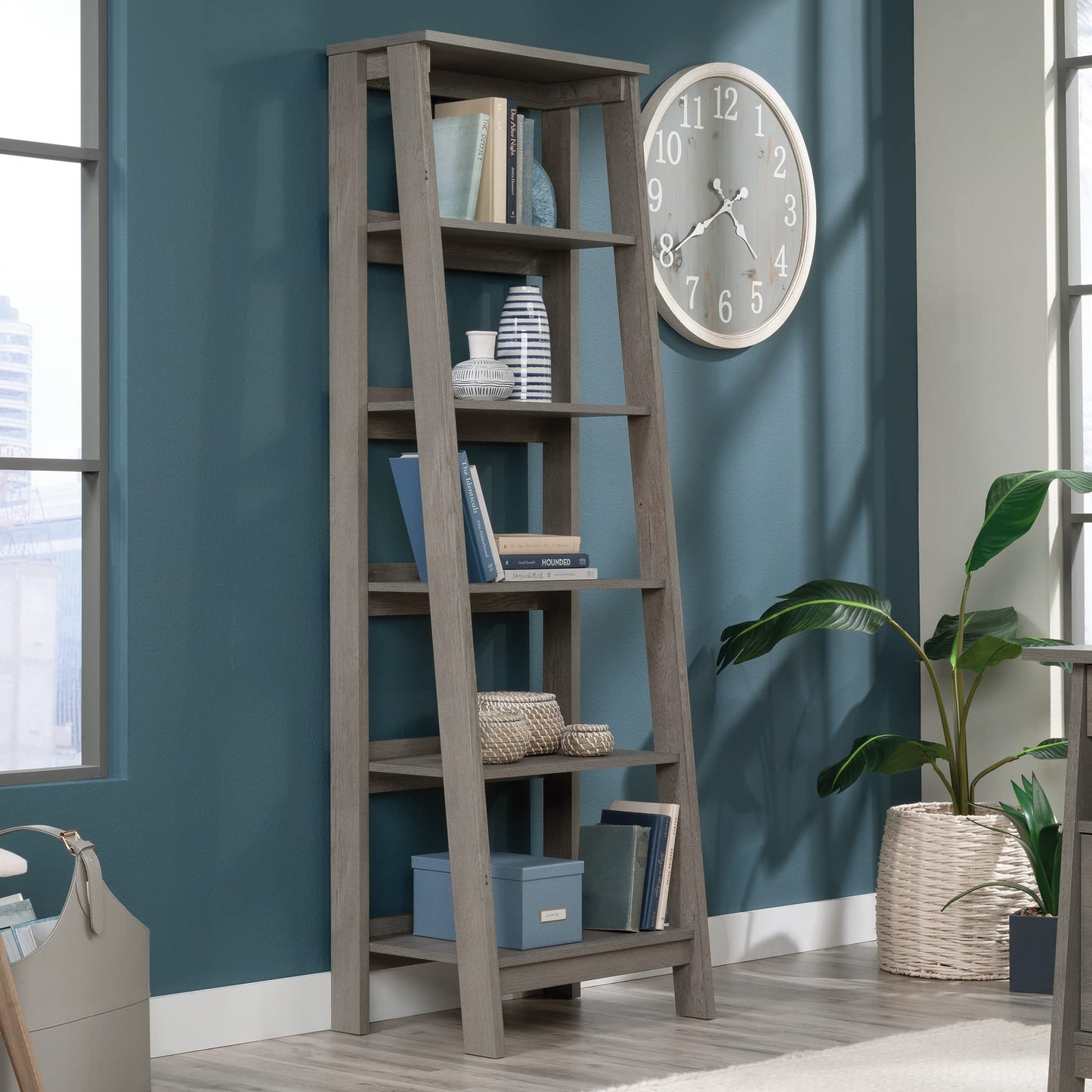 Sauder Ladder Bookshelf 5 Tier Trestle Ladder Shelf Wooden Bookcase, in Mystic Oak