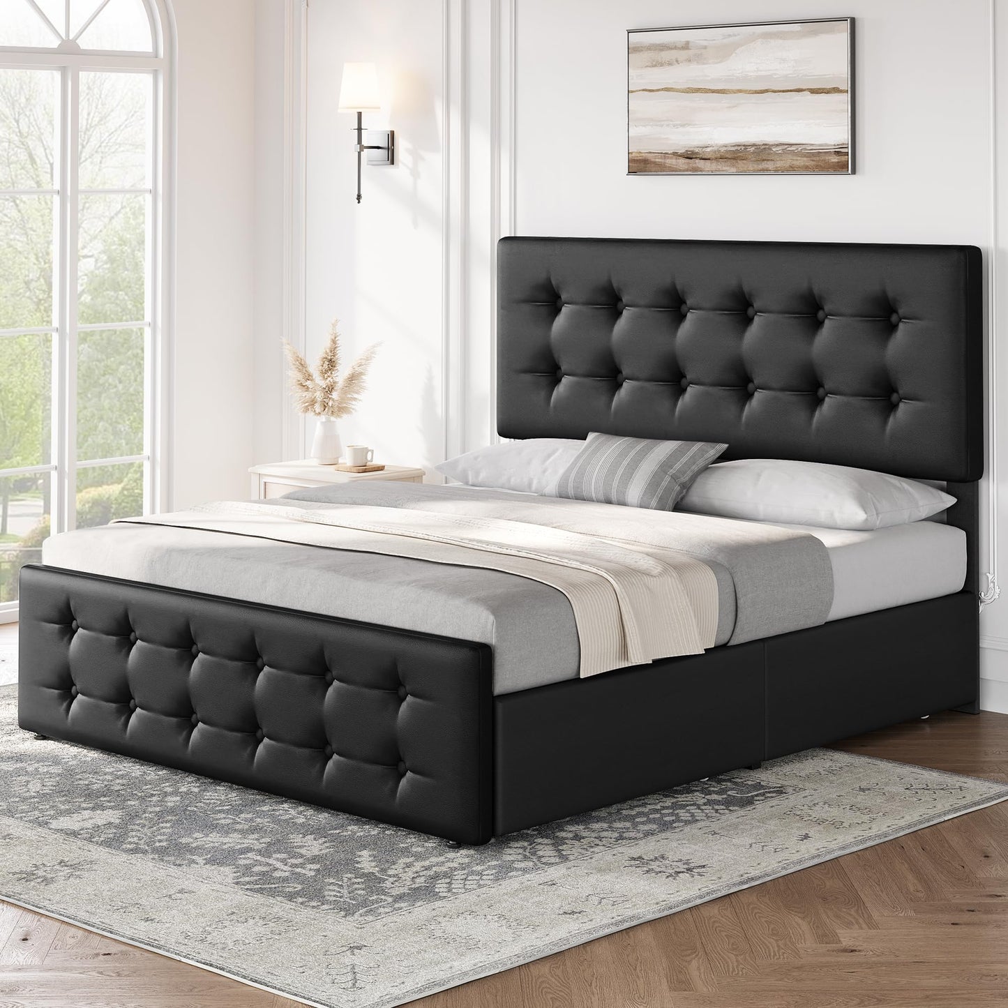 IDEALHOUSE Queen Size Bed Frame with 4 Storage Drawers and Headboard, Faux Leather Upholstered Platform Bed Frame with Wooden Slats Support, Button Tufted Design, No Box Spring Needed, Black
