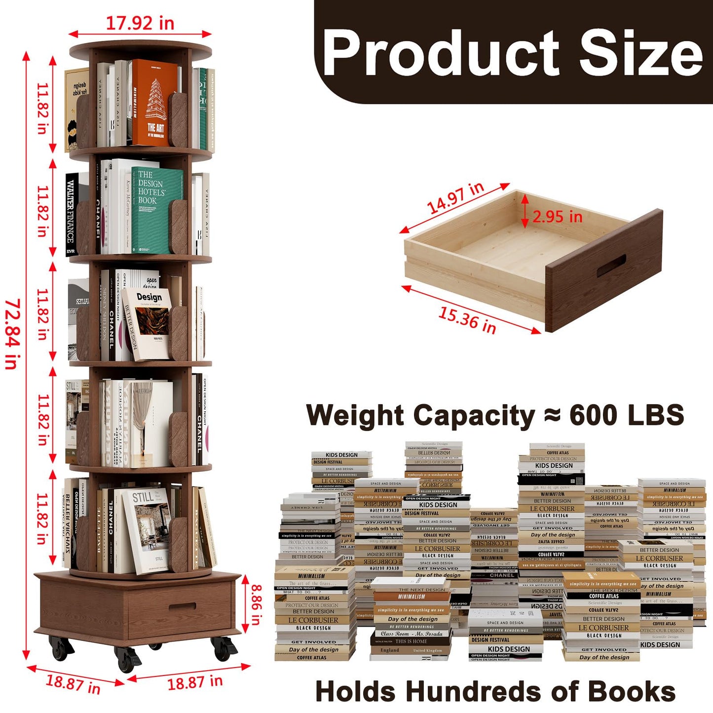 JIAWORLDER Solid Wood Rotating Bookshelf Tower on Wheels, 5-Tier Spinning Bookcase with Drawer, 72" Floor Standing Revolving Bookshelf, Rotating Bookcase for Small Space, Walnut