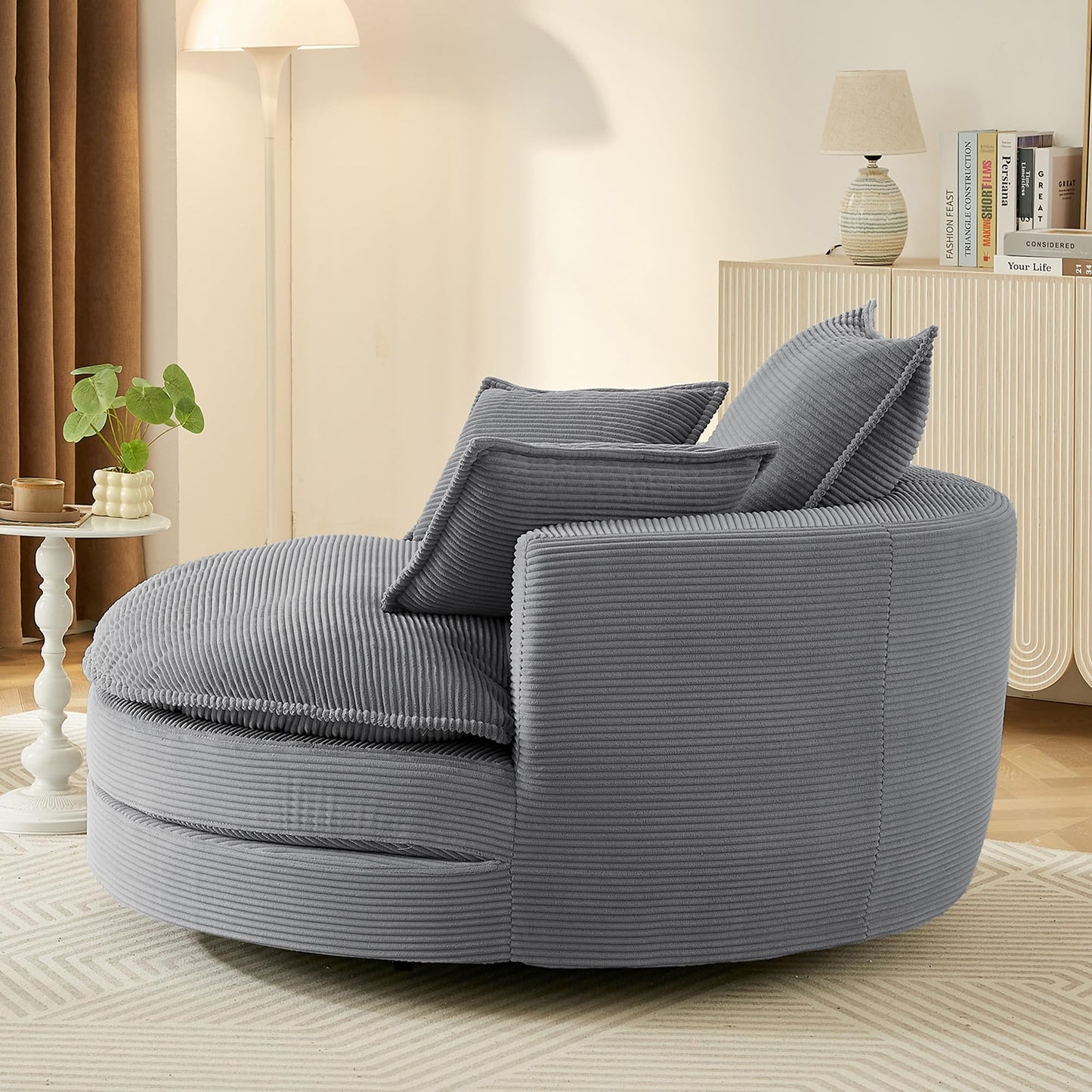 Merax 360° Swivel Sofa Chair, 57.5" Swivel Accent Barrel Chair with Dual-Layer Cushion Design, Modern Corduroy Leisure Sofa Round Chaise Lounge with 3 Removable Pillows for Living Room, Bedroom