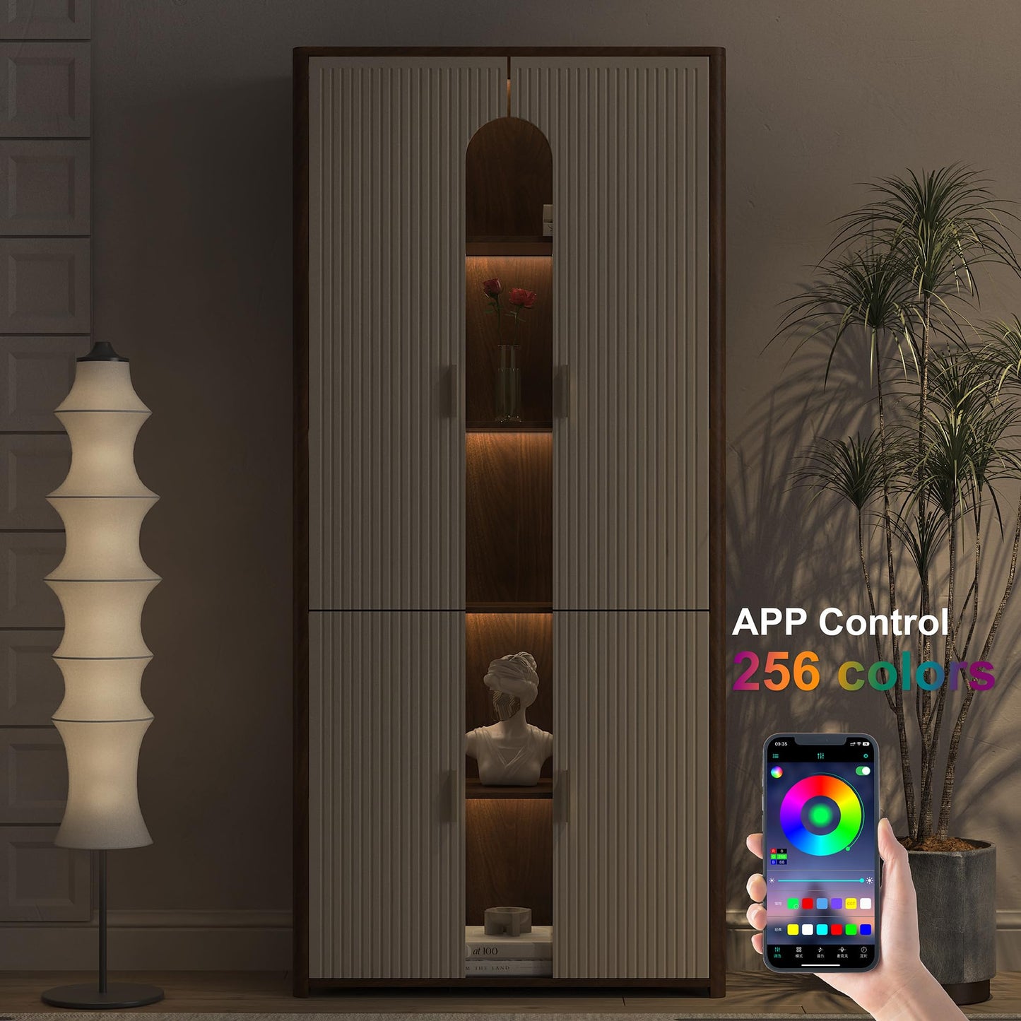 KEIKI 68.1" H Display Storage Cabinet with Doors & 256 Colors LED Lights, Wooden 5-Tier Curio China Collectibles Book Case Shelves Bookcase for Living Room, Home Office, Bedroom
