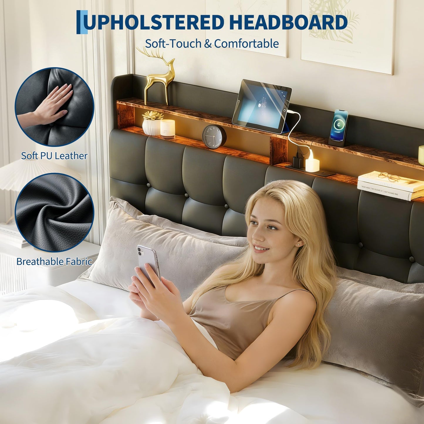 Full Size Upholstered Bed Frame with LED Headboard, 2 Storage Drawers, Charging Socket and USB Port, Soft Fuzzy Soft, Noise-Free Metal Platform for Bedroom, No Box Spring Needed, Natural Wood Shelf