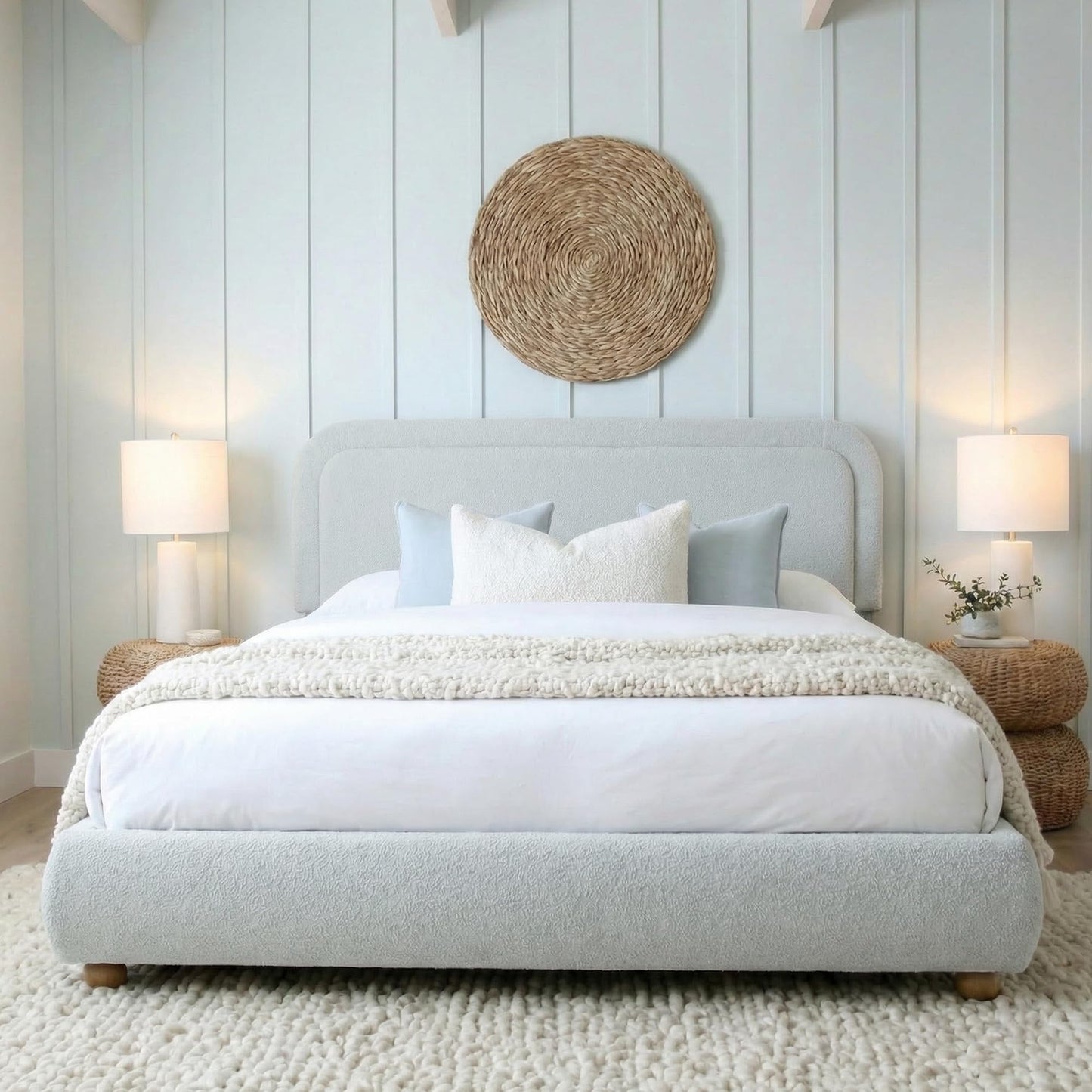 Brafab Cloud Full Size Bed Frame, Boucle Upholstered Bedframe with Rounded Corners Headboard, Solid Wood Legs, Boho Soft Bedframe Easy Assembly, No Spring Box Needed, Grey