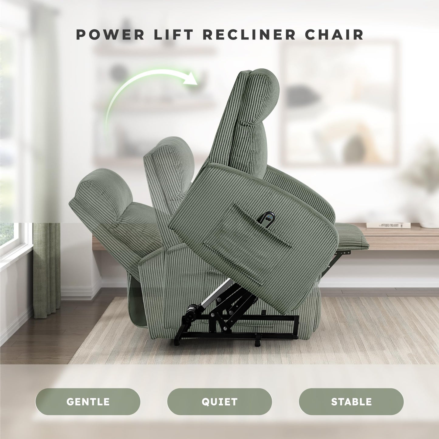 Lexicon Power Lift Recliner Chair for Elderly with Remote Control, Gentle Lift Motion, Side Pocket Armrest, Corduroy Upholstered Electric Recliner for Living Room/Bedroom, Easy Assembly, Green