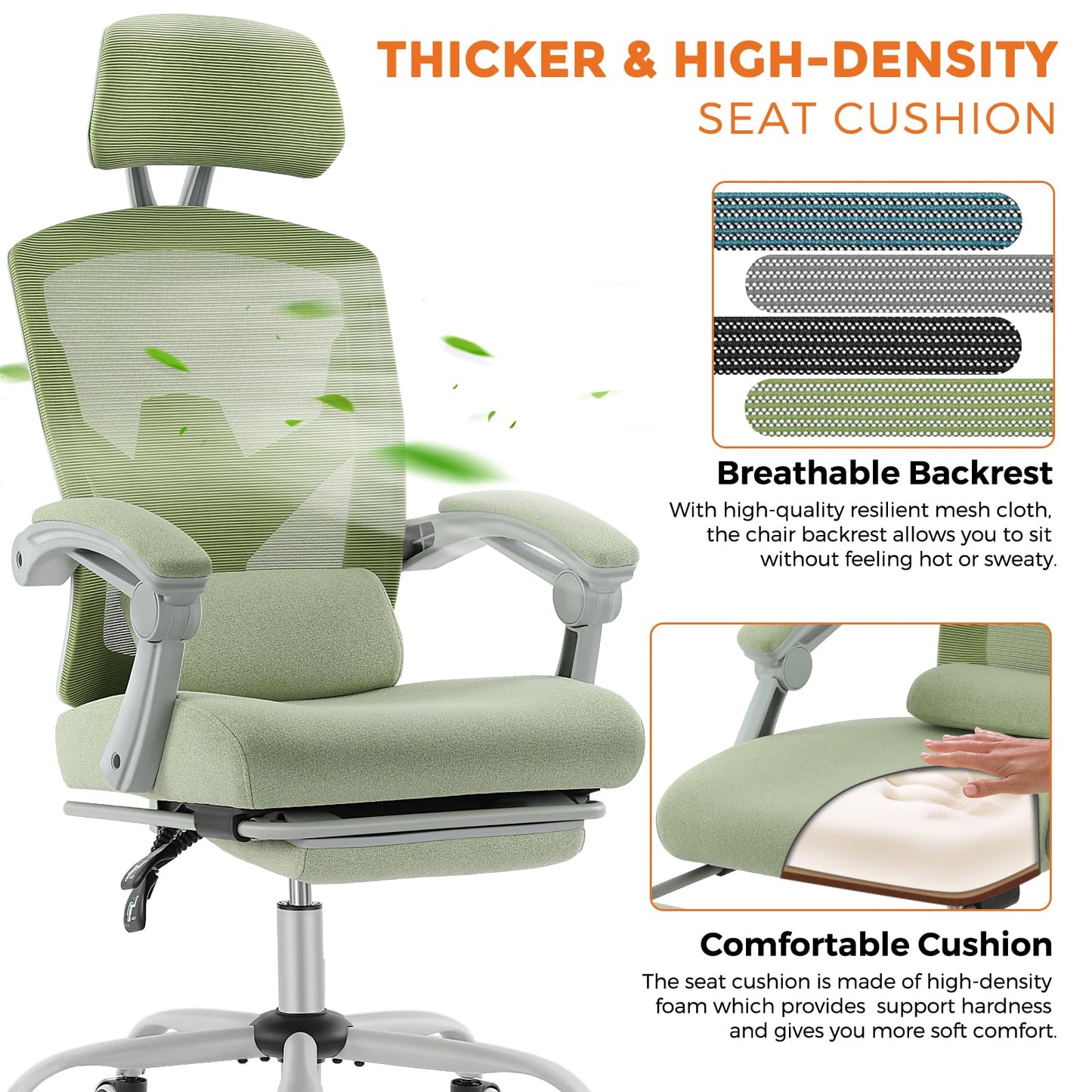 Sweetcrispy Office Computer Desk Chair Set of 2, Ergonomic High-Back Mesh Rolling Work Swivel Chairs with Wheels, Comfortable Lumbar Support, Comfy Arms for Home, Bedroom, Study, Student, Green