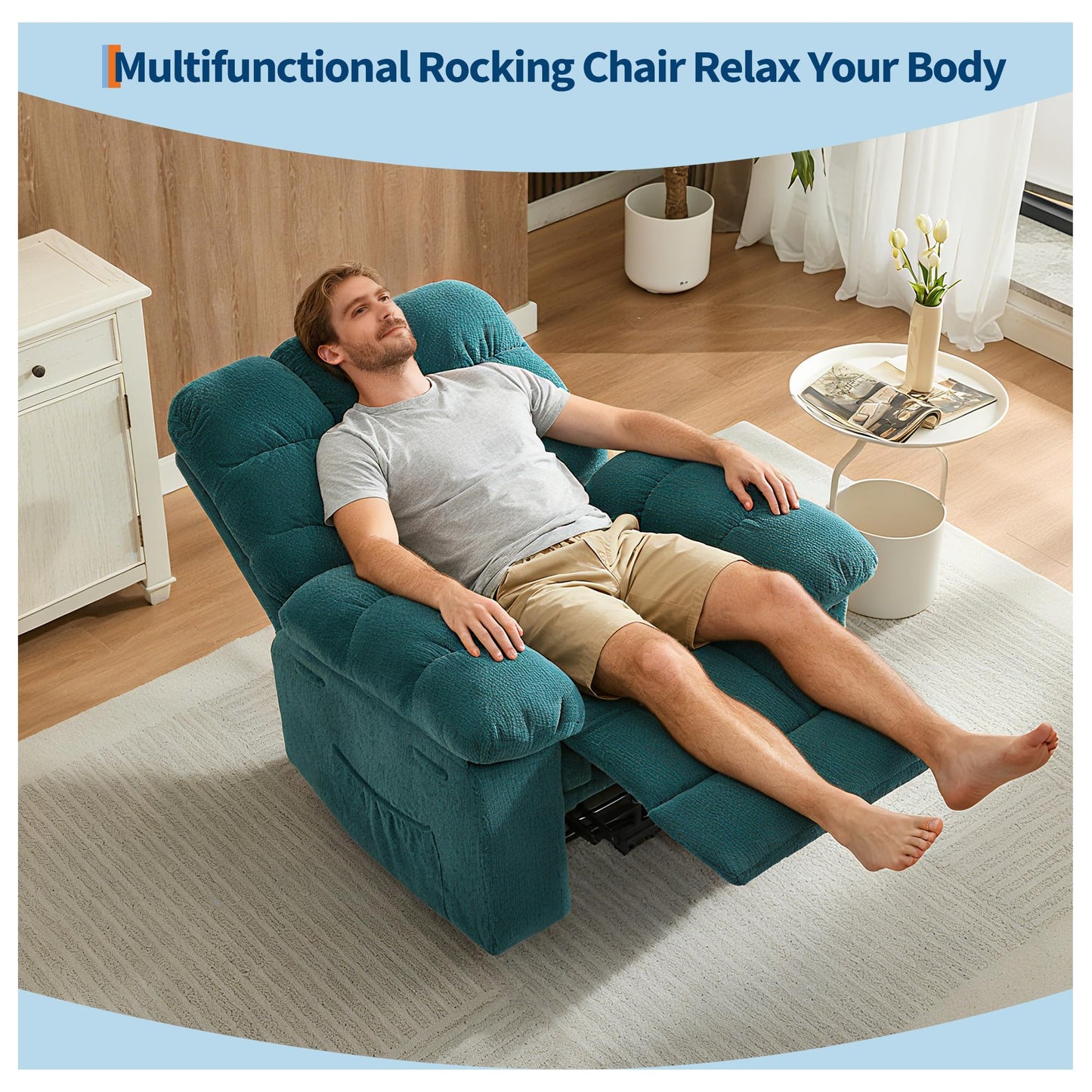 21.2'' Manual Recliner Chair,Ergonomic Overstuffed Breathable Fabric Reclining Chair with Side Pockets,Q235 Steel Frame Lazy Boy Recliner Single Sofa for Living Room Bedroom