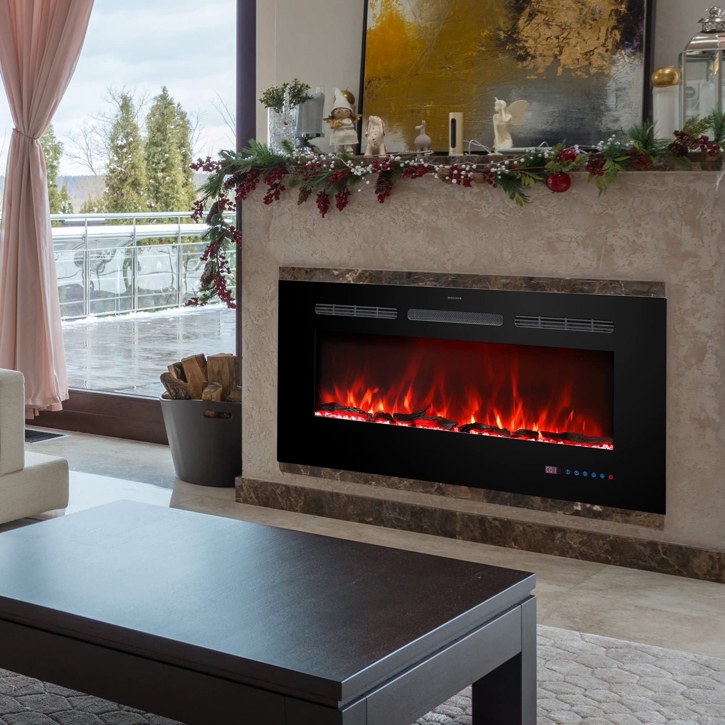 Kentsky 42 inches Electric Fireplace Inserts, Recessed and Wall Mounted Fireplace Heater, Linear Fireplace w/Thermostat, Remote & Touch Screen, Multicolor Flame, Timer, Logs & Crystal, 750W/1500W