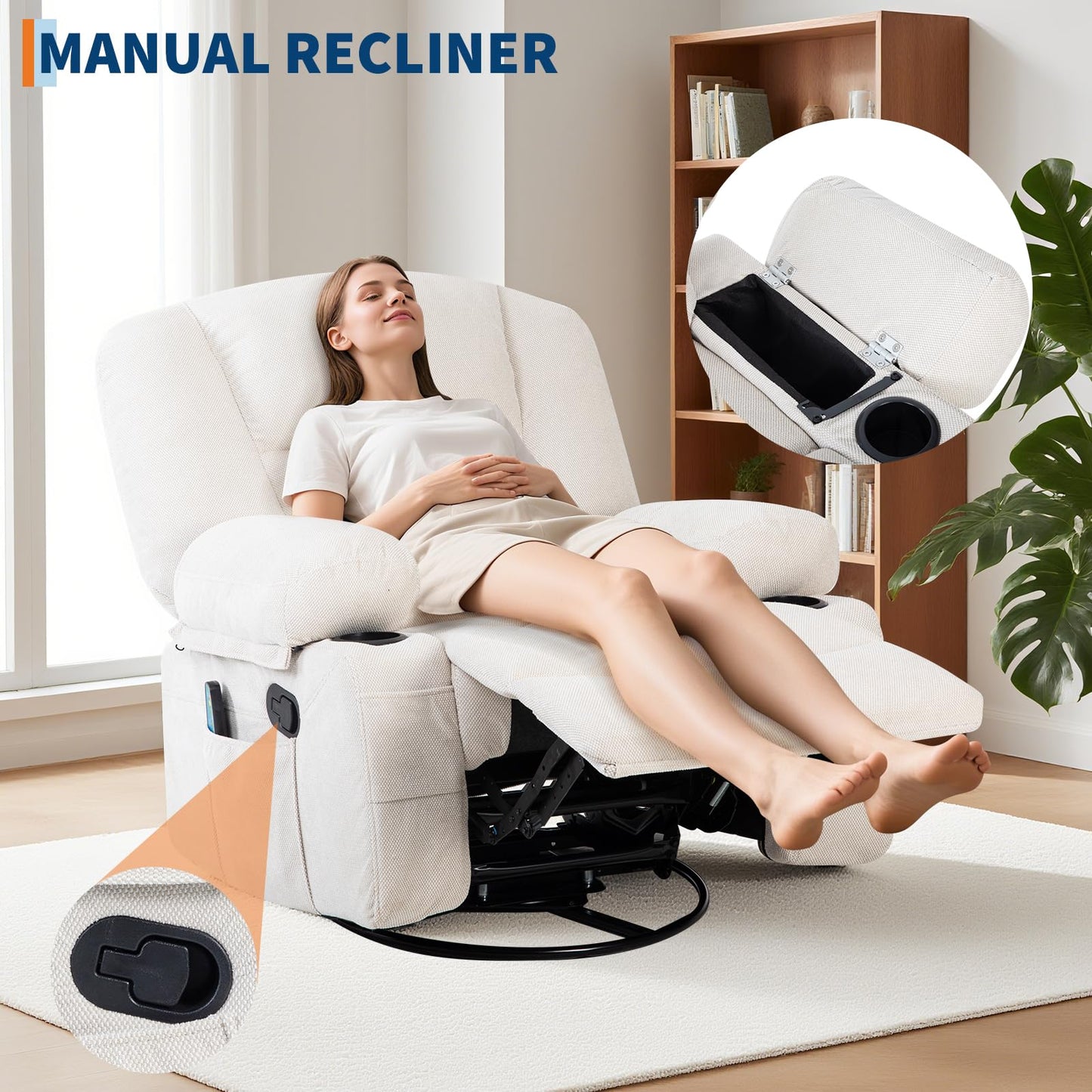 Oversized Wide Recliner Chair with Vibration Massage and Heat, 360° Swivel Recliner Glider for Adults,Chenille Fabric Manual Reclining Single Sofa with Cup Holders & Side Pockets for Living Room,White