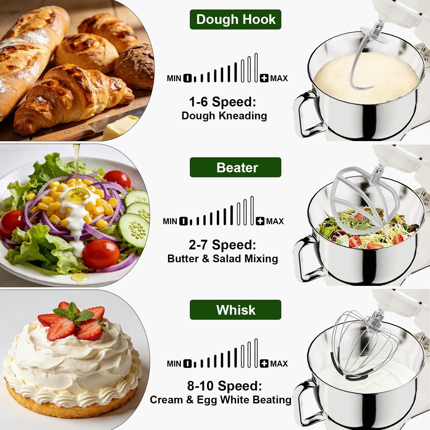 Camic Electric Stand Mixer,7.45 QT,10 Speeds with Dough Hook,Whisk, Flat Beater Attachments, Splash Guard, Easy-Carry Top Handle,3-IN-1 Kitchen Mixer for Baking Cakes Cookie Bread Salad (White)