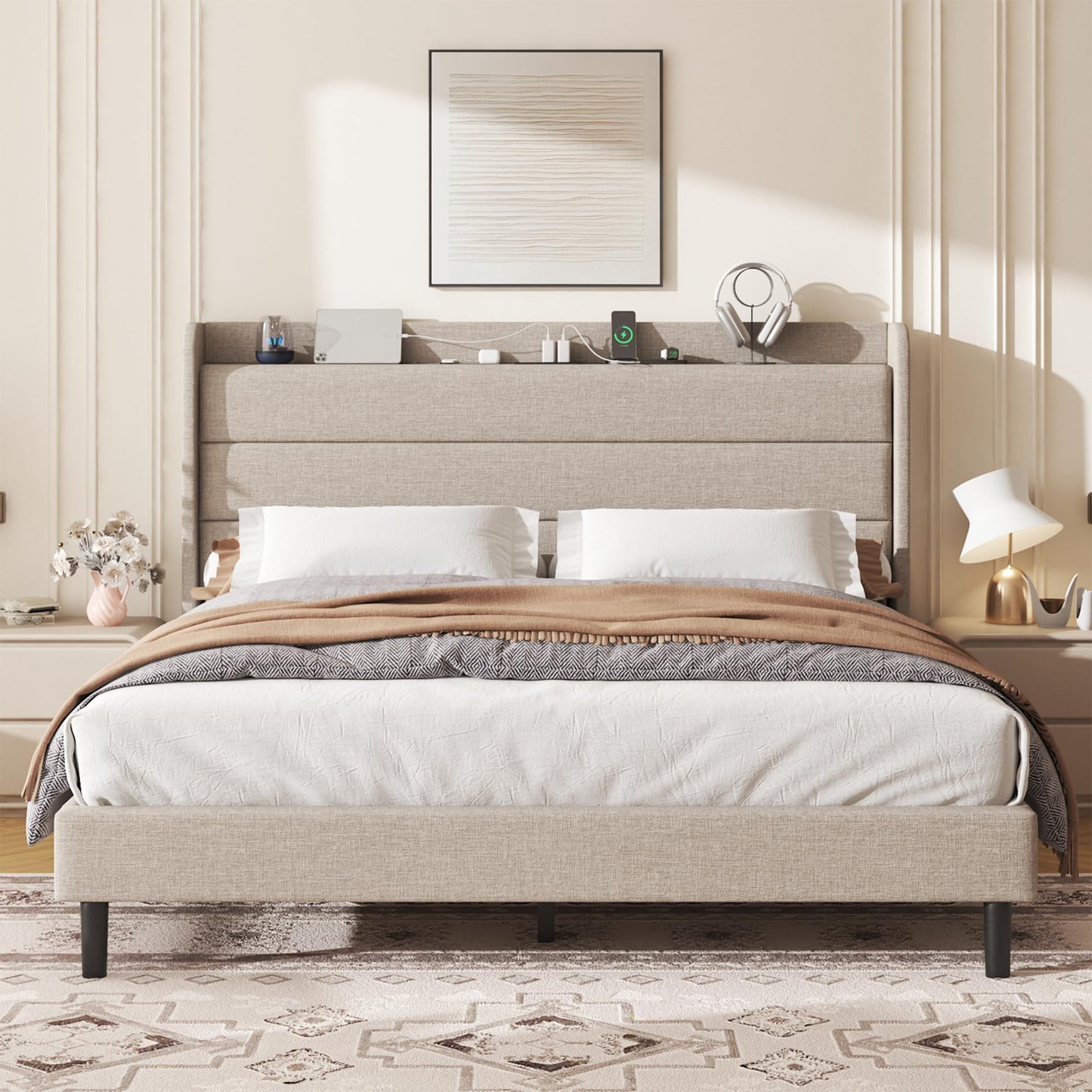 Lcwtvgxr King Size Linen Multifunctional Bed Frame, Wingback Headboard with Charging Station & Storage Shelf, Upholstered Platform Bed, Noise Free, No Box Spring Needed, Easy Assembly, Beige