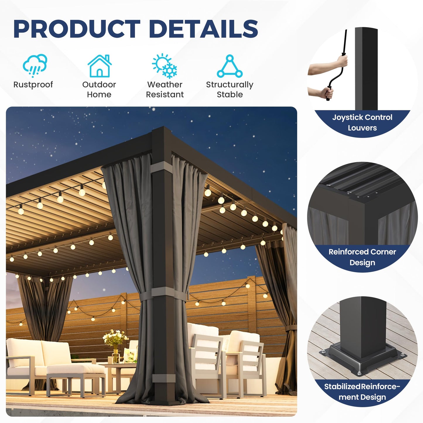 12' x 16' Louvered Pergola, Outdoor Pergola with Metal Adjustable Louvered Roof & Gutter System, Hardtop Patio Gazebo for Backyard, Patio, Garden, Dark Gray