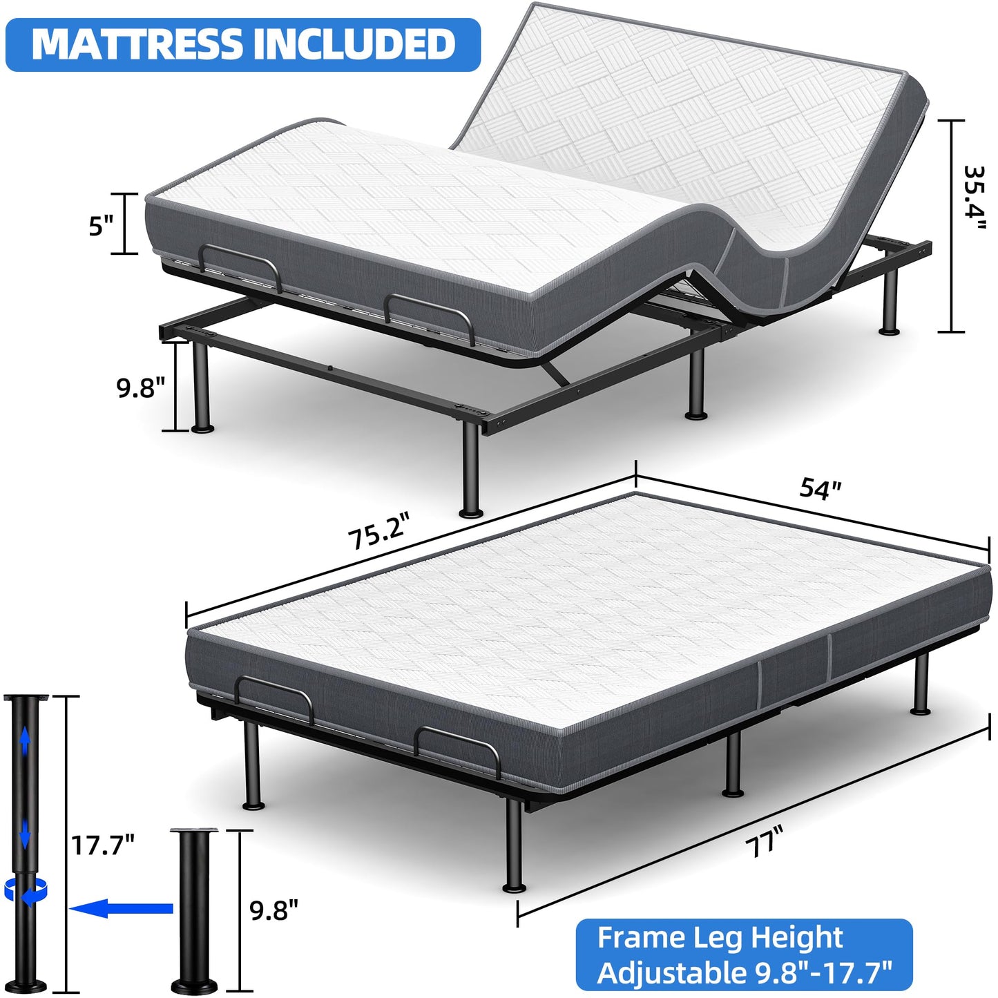 AESOROMO Full Size Adjustable Bed Frame with 5 Inch Foam Mattress Set Zero Gravity Electric Bed Head Foot Incline Leg Height Adjustable Anti-Snore