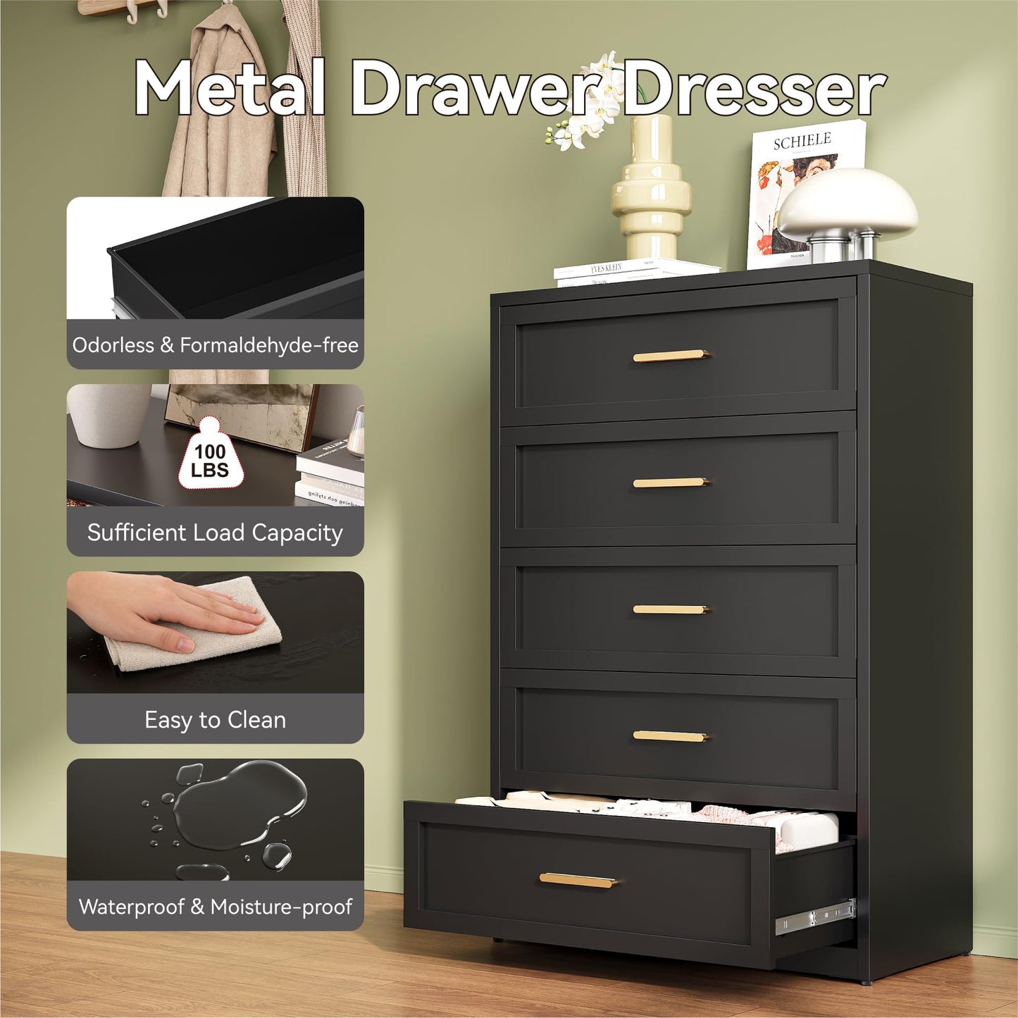 Black Metal Dresser with 5 Drawer, Tall Dressers for Bedroom, 48" Tall Modern Chest of Drawers, Steel Large Dresser Clothing Storage Organizer Deep Drawers for Closet, Living Room, Hallway