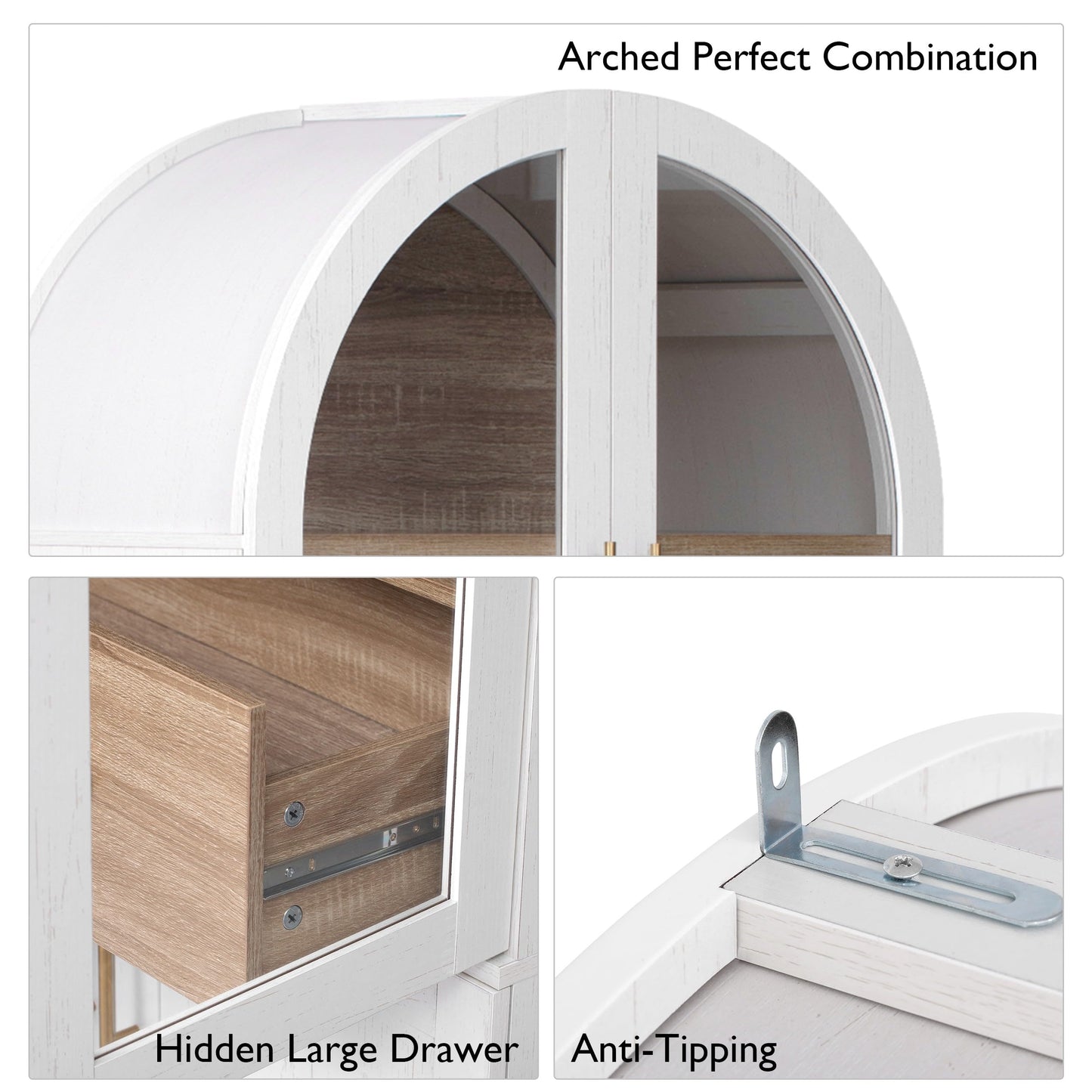 Merax 71" Farmhouse Arched Pantry Cabinet with Glass Doors & Hidden Drawer, Adjustable Shelves Storage Cupboard for Kitchen/Dining Room, White