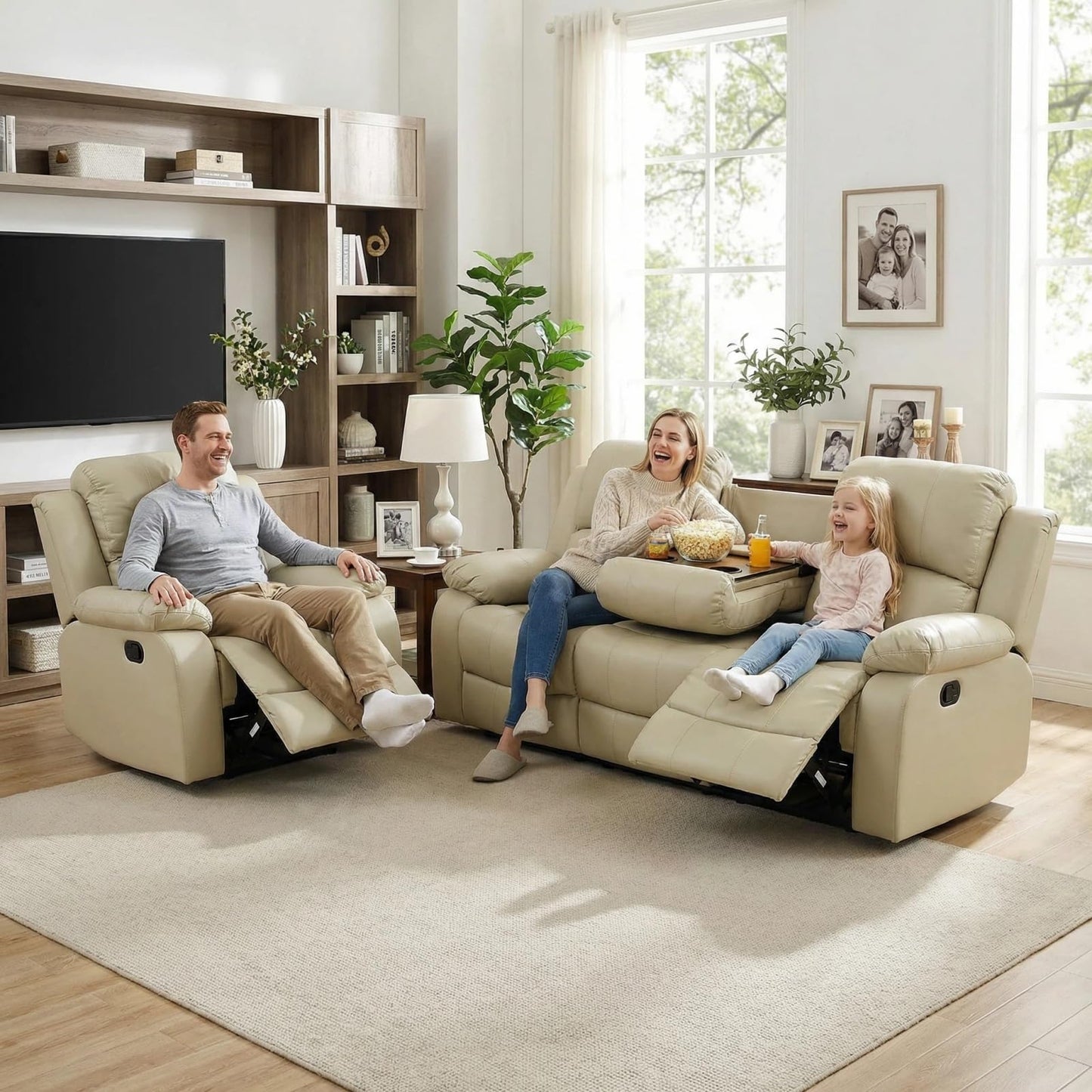 Trygoal Leather Recliner Sofa Set, Living Room Furniture Set, Adjustable Backrest Reclining Loveseat Sofa with Convertible Middle Coffee Table, Manual Recliner Chair for House, Home Theater, Beige