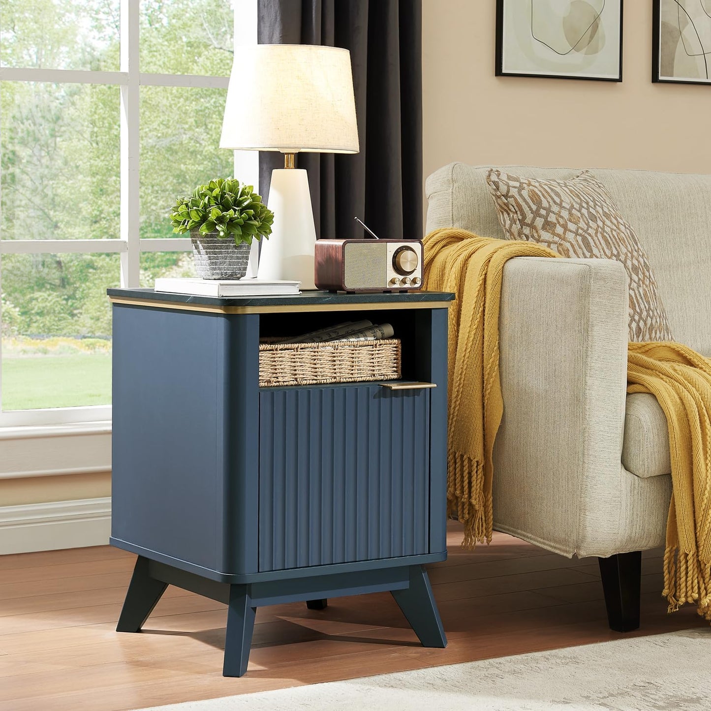 RNLRNL Fluted Nightstand Set of 2 with Charging Station, Bedside Table with Open Storage and Cabinet, 18" Modern Side Table, End Table for Bedroom, Living Room, Navy Blue