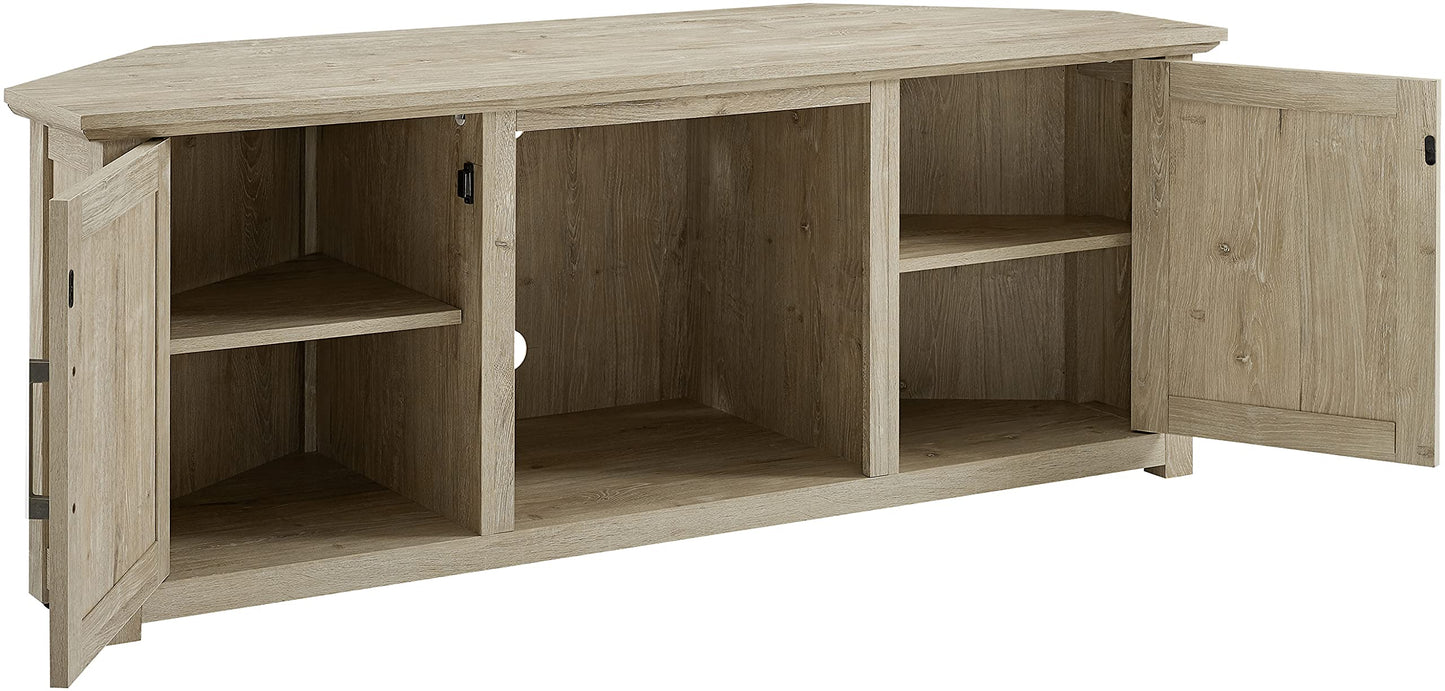 Crosley Furniture Camden Corner Fireplace TV Stand for 65+ inch TVs, Entertainment Center with Storage Shelves, Frosted Oak