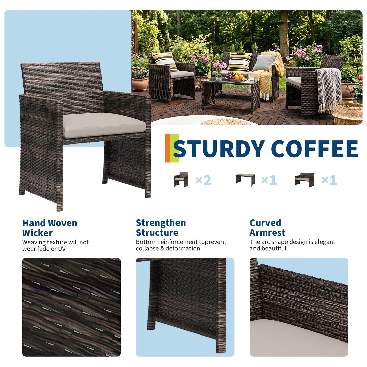 Garvee 4-Piece Patio Furniture Set, PE Rattan Outdoor Conversation Set with Cushions & Tempered Glass Table, All-Weather Wicker Patio Table and Chairs Set for Patio, Porch, Backyard, Brown and Grey