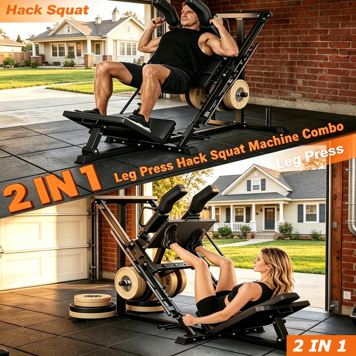 Leg Press Hack Squat Machine 2-in-1 for Home Gym, Linear Bearing System, 1200LB Capacity, 4-Position Safety Stops & Weight Storage, Lower Body Workout Equipment (Weights Not Included)
