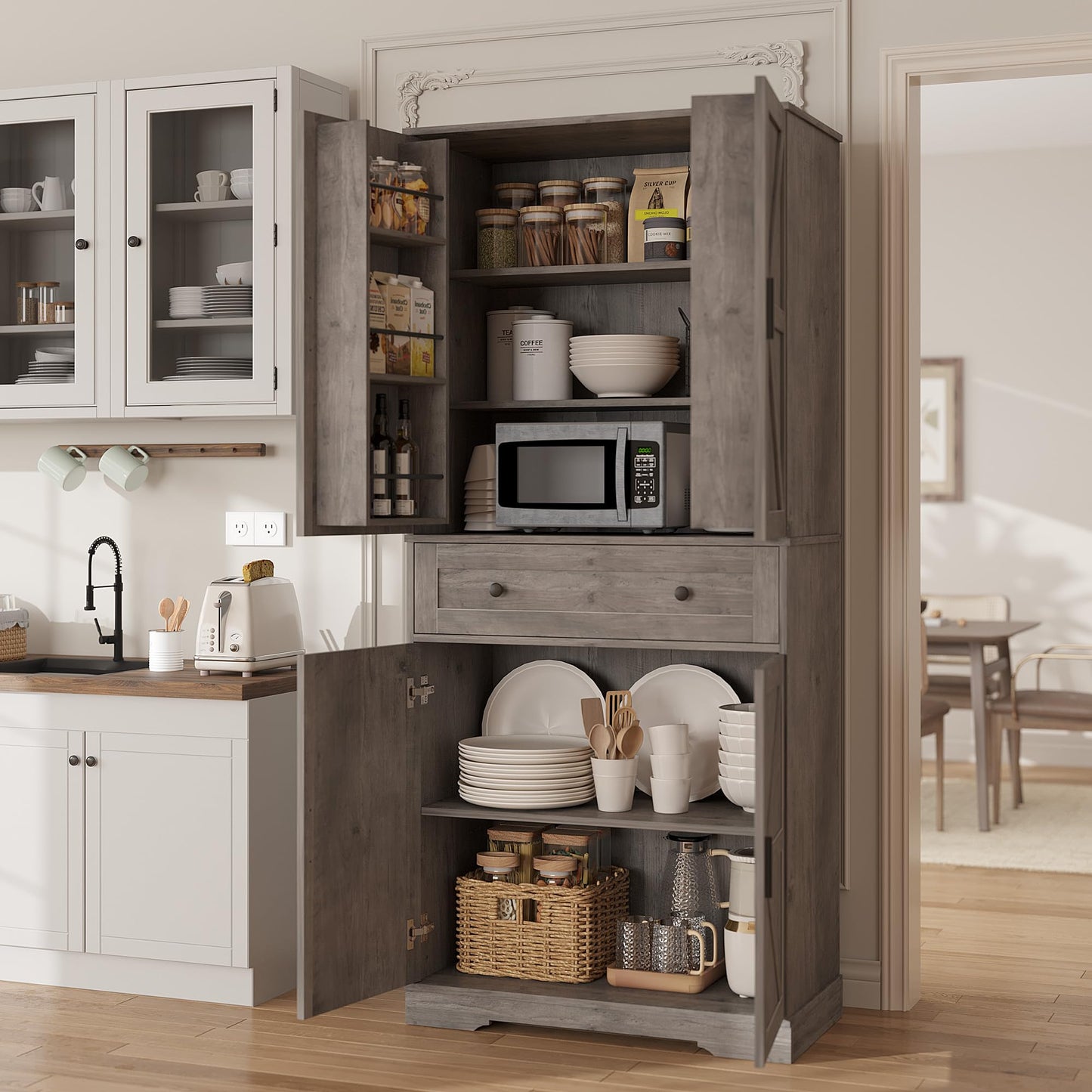 Garvee 71" Kitchen Pantry Cabinet, Barn Door Freestanding Cupboard with Drawer, Sliding Storage Rack, and 6 Hanging Shelves for Kitchen, Dining Room, Living Room Bedroom