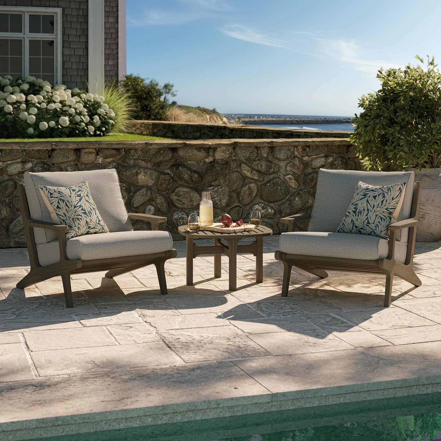 Modway Saratoga 3-Piece Teak Wood Outdoor Furniture Set in Weathered Gray Pebble - 2 Patio Lounge Chairs with Side Table
