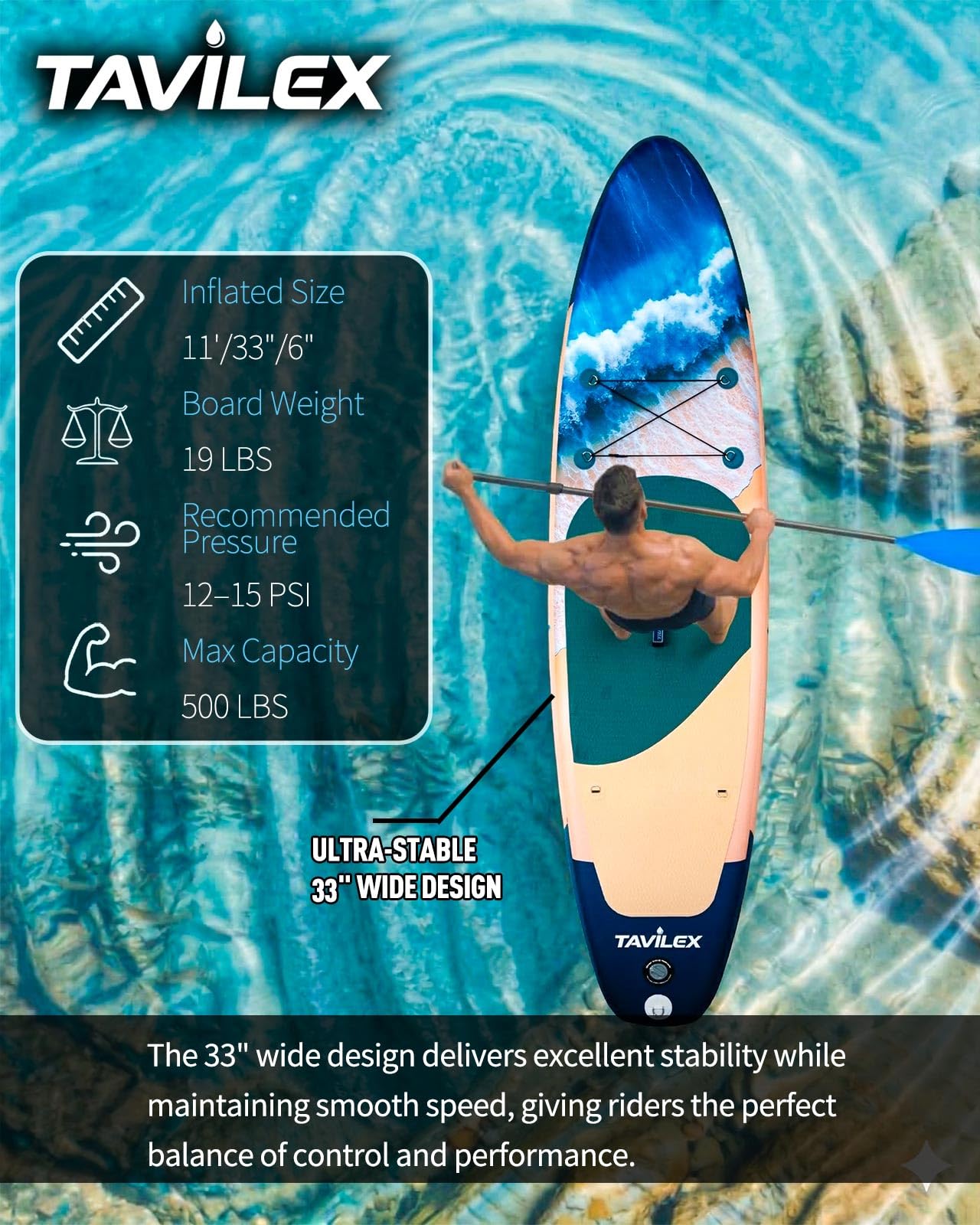 Tavilex Inflatable Stand Up Paddle Board with Seat, 11' x 33" x 6" Ultra-Wide 2-in-1 SUP Board for Adults & Youth, Stable Blow Up Paddleboard Kit with Dual-Blade Paddle (Blue Wave)