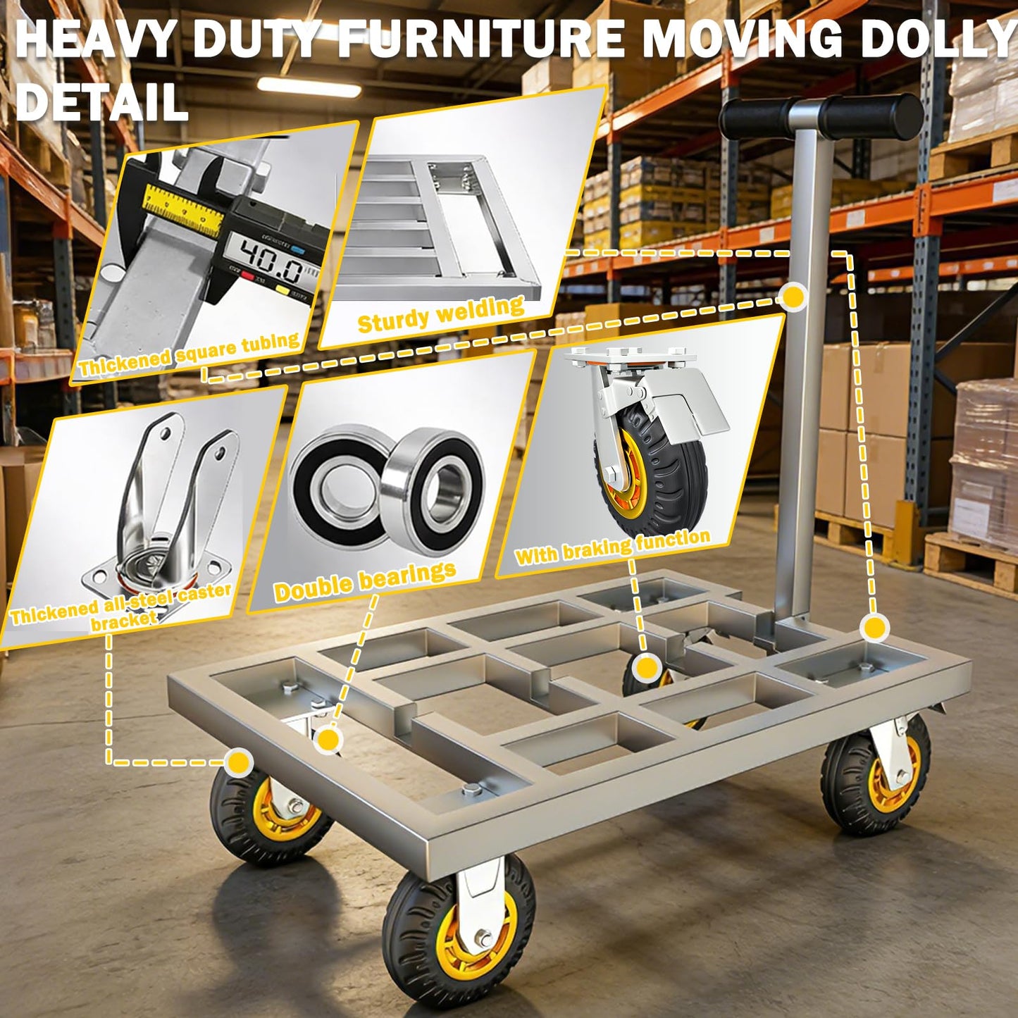 Heavy Duty Push Cart Dolly, 36 x 24in Platform Truck Flat Cart Hand Trucks, 2500lbs, Thickened Steel Pipe Integral Molding, 6" Swivel Brake Casters, Effort-Saving Design
