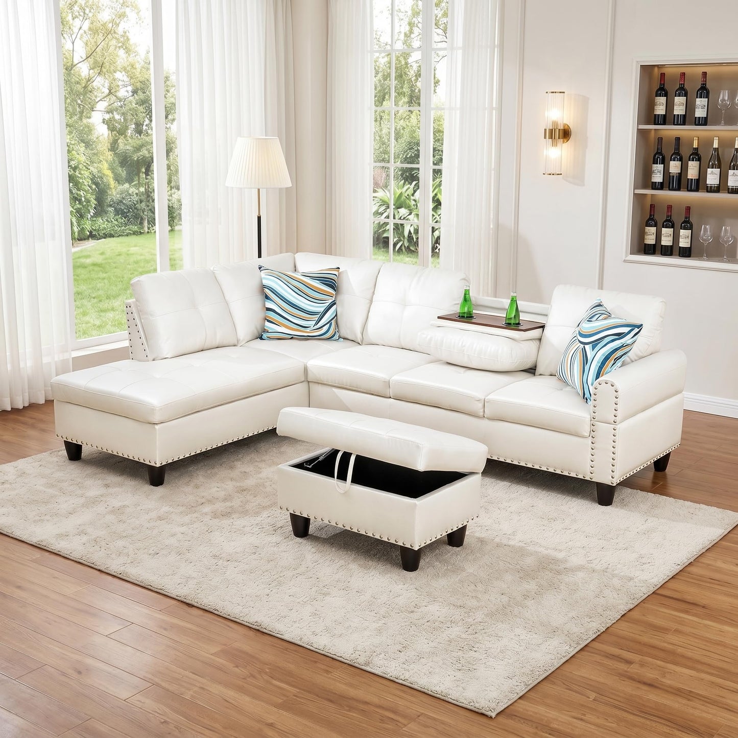 Topcomfy Leather L Shaped Sectional Couches for Living Room - 97.5“ x 69.5" Modular Sectional Sofa with Storage Ottoman, 4 Seat Home Sofa Living Room Furniture Sets with Chaise for Apartment, White
