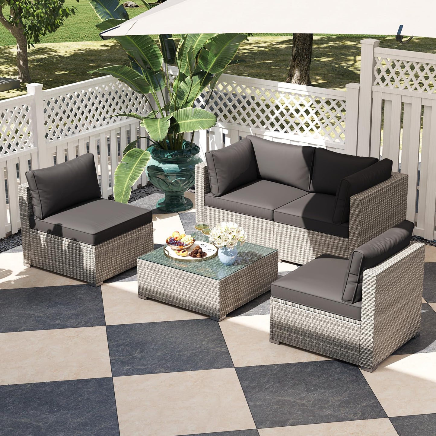 Tangkula 5-Piece Outdoor Patio Sectional Sofa Couch, PE Rattan Conversation Set w/Glass Coffee Table & Cushions, Outdoor Furniture Set w/Sturdy Metal Frame for Garden Poolside Backyard