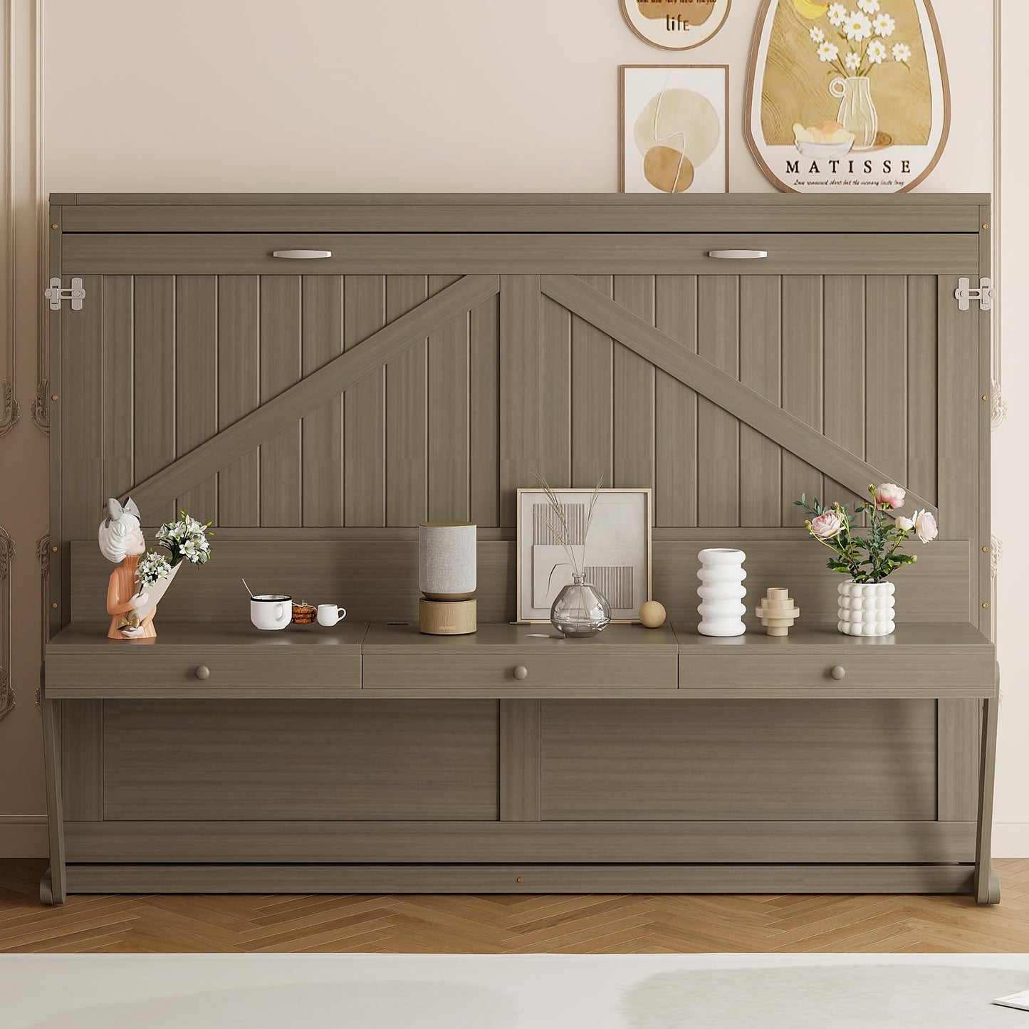 Merax Queen Size Murphy Bed with Vanity Desk, Foldable Murphy Cabinet Bed with Center Mirror and 2 Side Storage Drawers, Solid Wood Space-Saving Hidden Wall Bed Cabinet for Guest Room Office, Gray