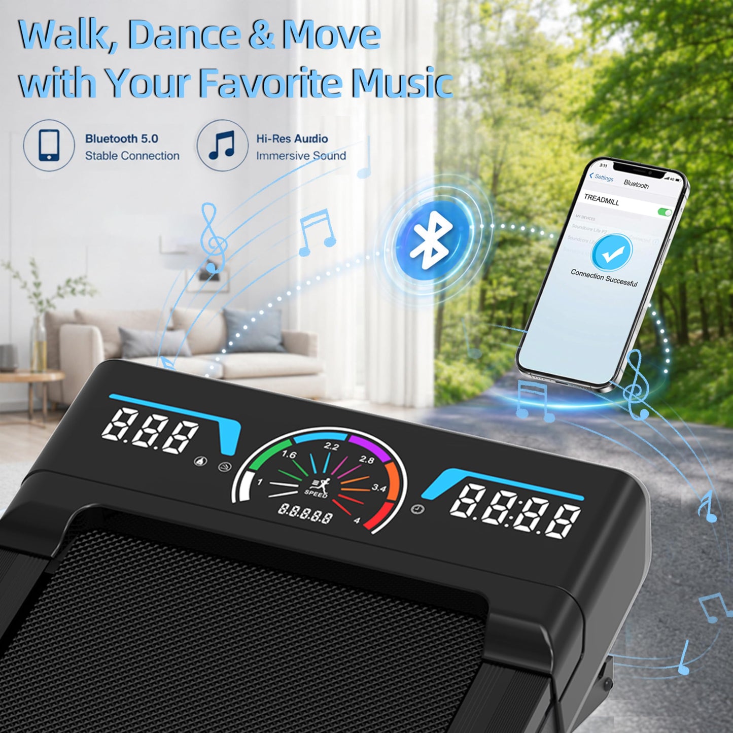 TRAILVIBER Walking Pad with 12% 9-Level Auto Incline, Smart App No Subscription, 450lbs Capacity, RGB LED Screen, Bluetooth Speaker, Compact Portable Under Desk Treadmill for Home Hiking, Blue