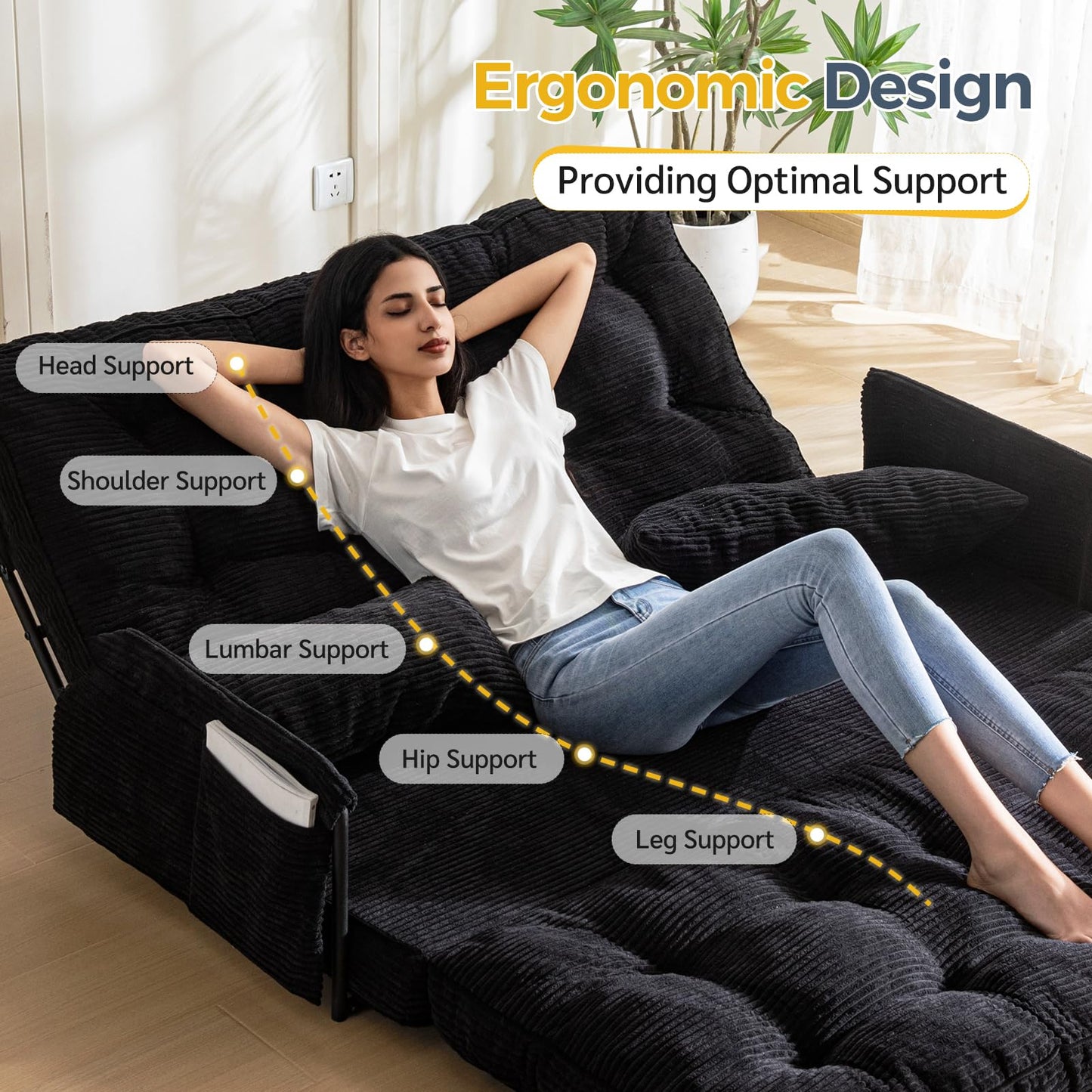 MAXYOYO Adjustable Floor Sofa Couch with 2 Pillows, Multi-Functional Bean Bag Bed, 5-Position Foldable Lazy Sofa Bed with Armrest, Versatile Floor Seating for Reading, Black, Double