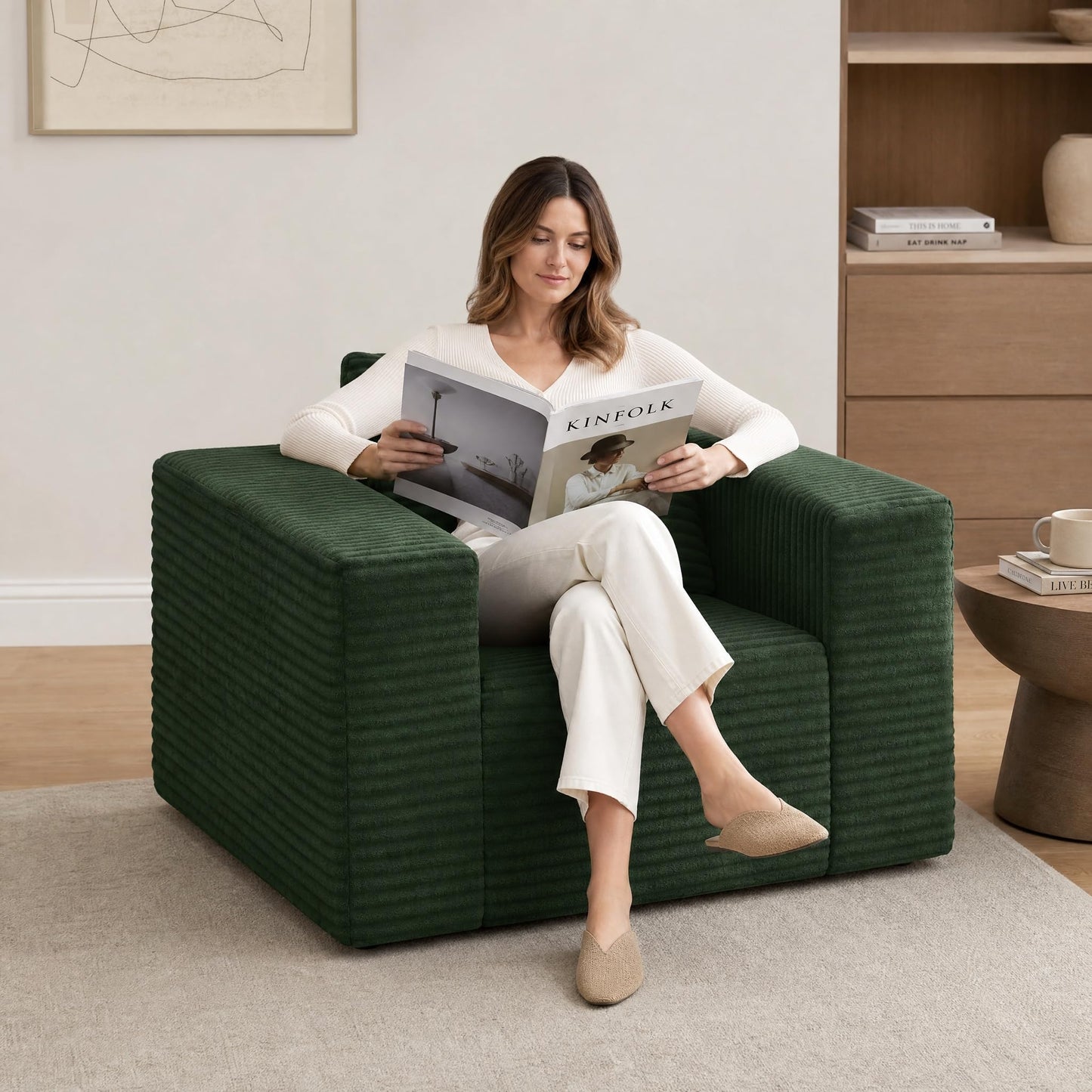 Trygoal Boneless Single Sofa Chair for Adult, Corduroy Cloud Lounge Chair with 2 Pillows & Wide Armrests, High-Density Foam Reading Couches for Living Room & Office, No Assembly Required, Green