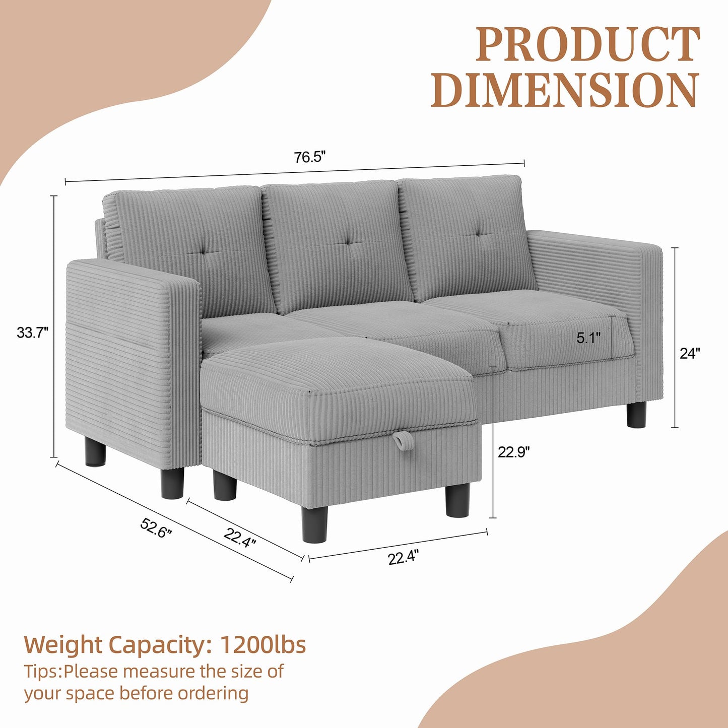 Shintenchi 76" Modern Upholstered Sectional Sofa, L-Shaped Couch with Storage Ottoman and Reversible Chaise for Living Room, Off-Grey Corduroy Fabric