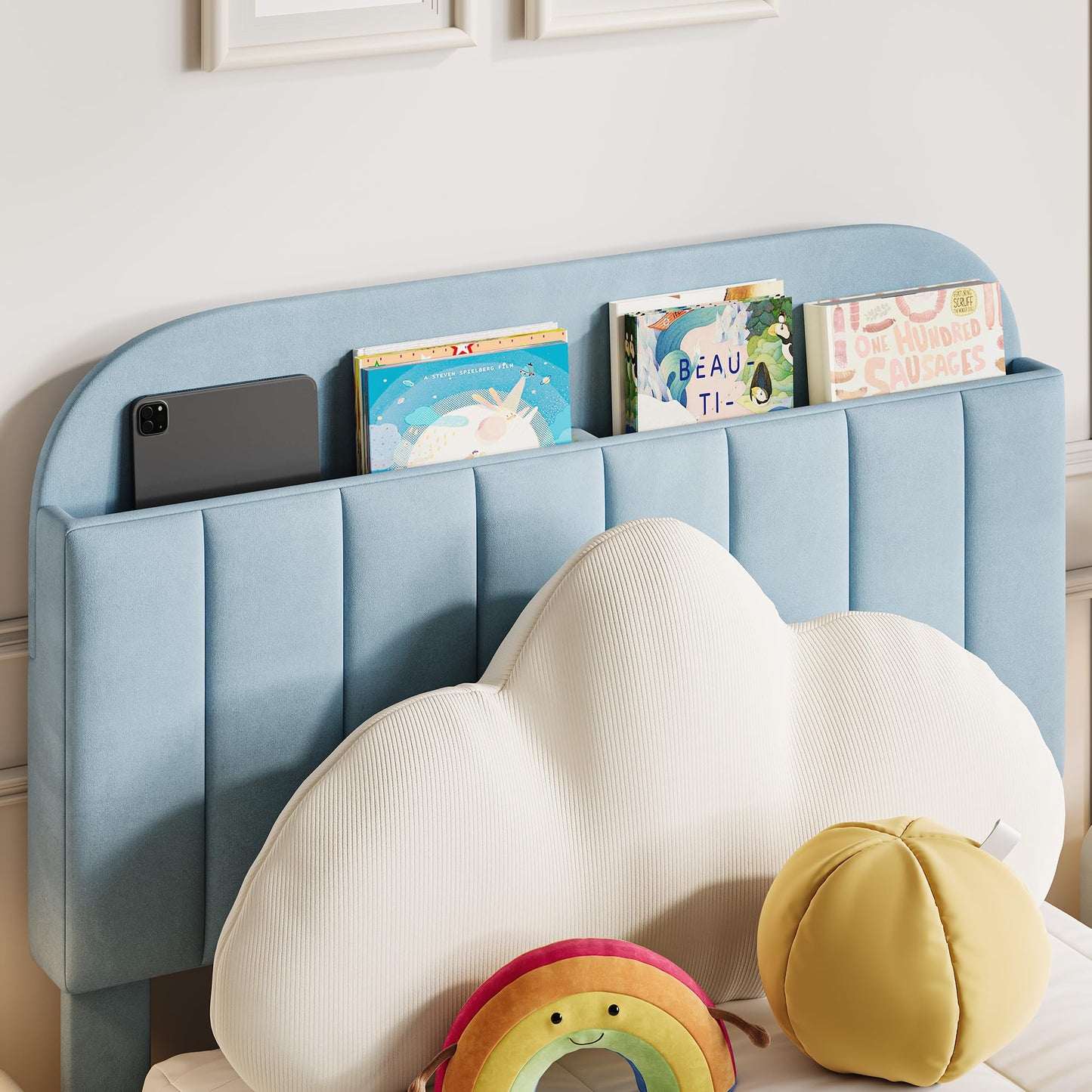 IDEALHOUSE Twin Bed Frame for Kids, Upholstered Platform Bed with Large Storage Drawer and Bookcase Headboard, Boys Bed, Noise-Free, Easy Assembly, No Box Spring Needed, Blue