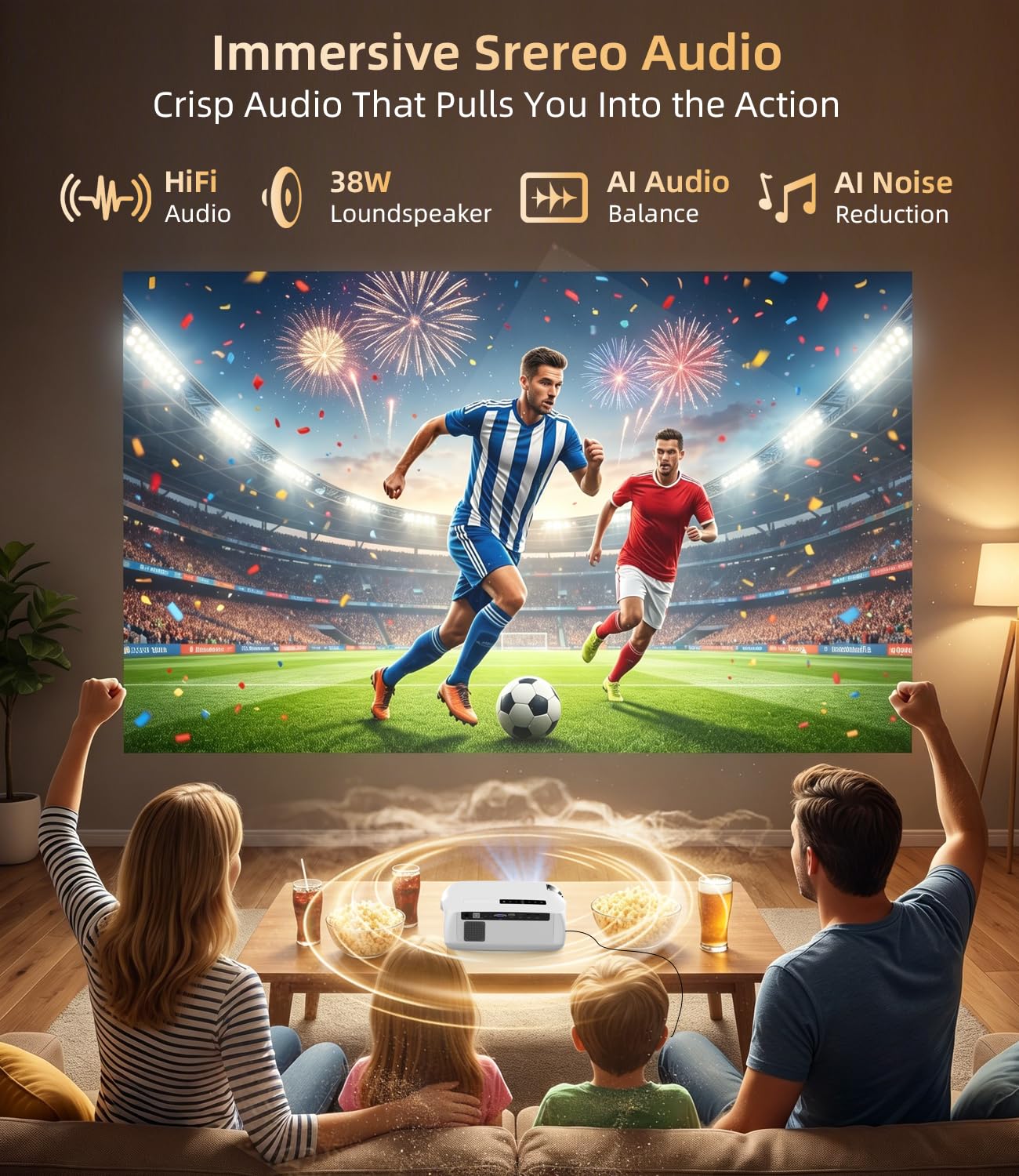 2000 ANSI Daylight Projector 4K, Smart Projector with WiFi 6 & Bluetooth, 38W Speakers, Smart OS, HDMI 2.1 ARC, Quick Focus, 350" Screen, Home Theater Movie Projector for Outdoor, Gaming, Bright Rooms